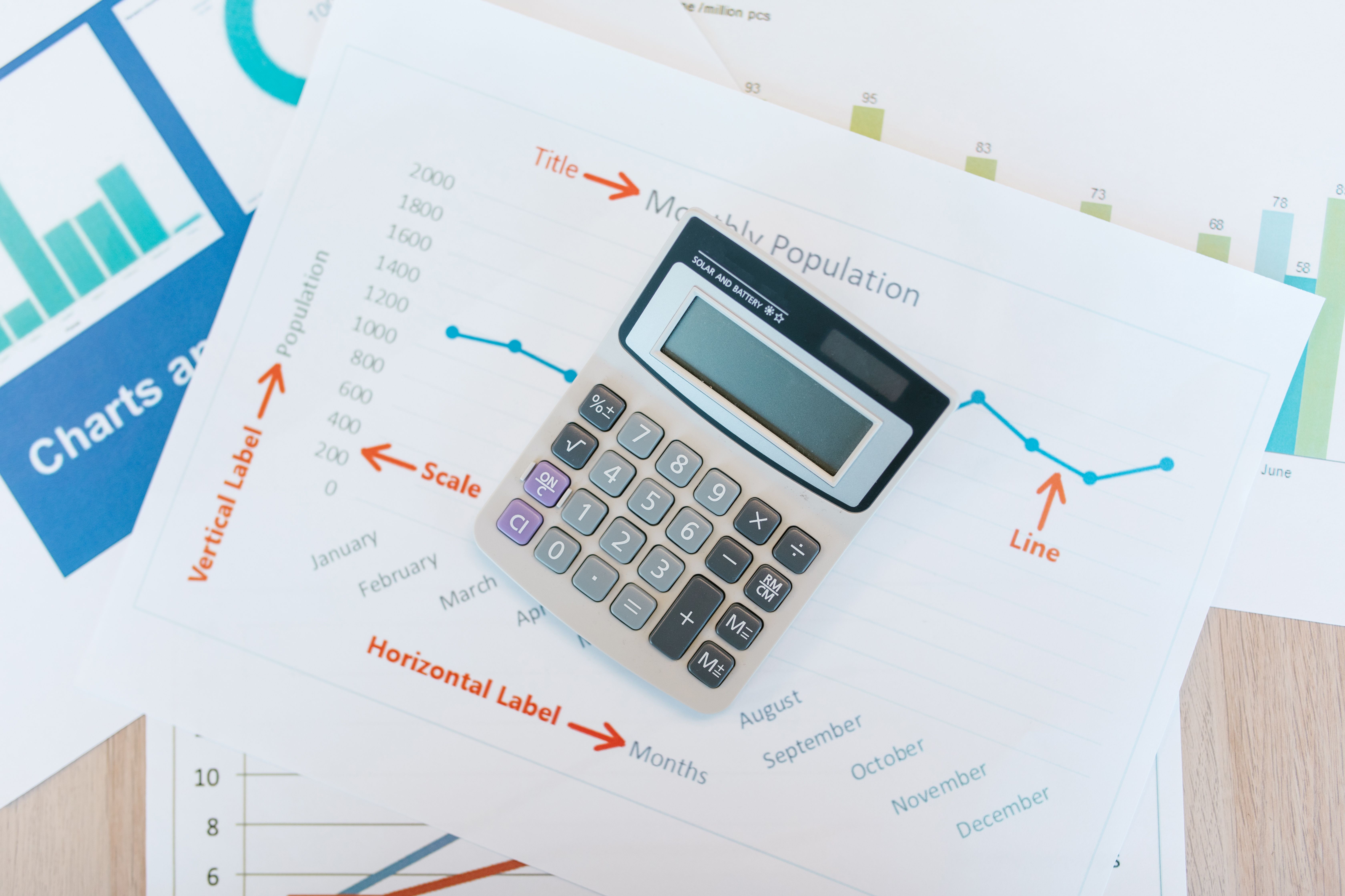 Desk with electronic calculator, financial charts, and corporate accounting ledger.