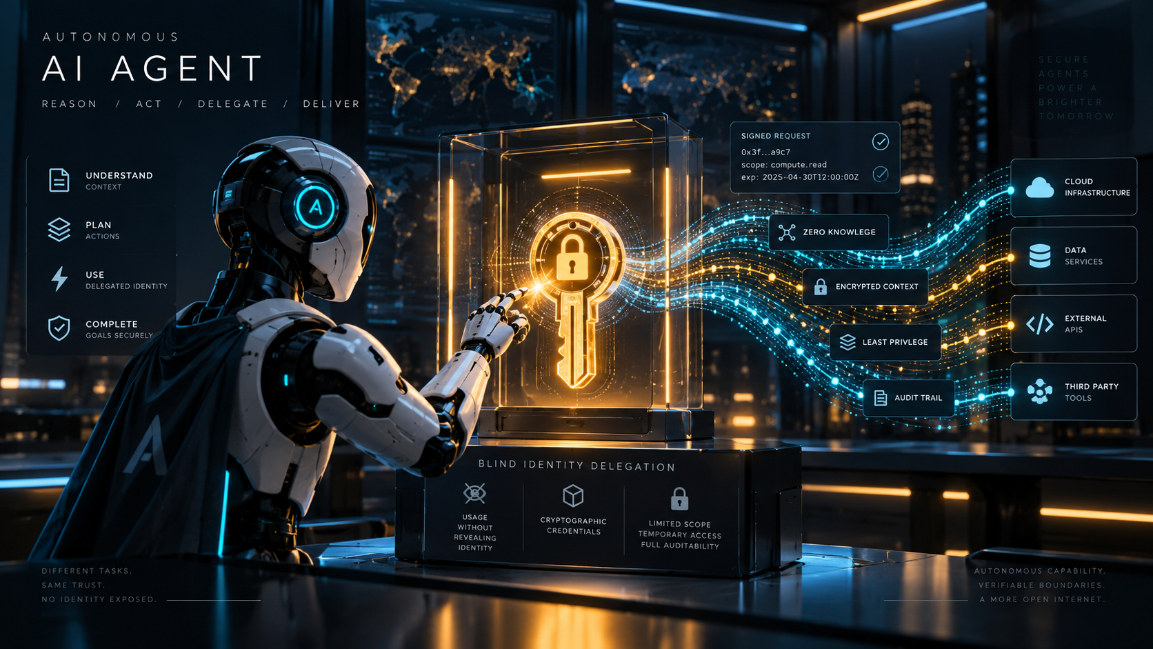 Conceptual dark-themed editorial illustration of an autonomous AI agent interfacing with a glowing cryptographic security key, separating digital action from sensitive master credentials.