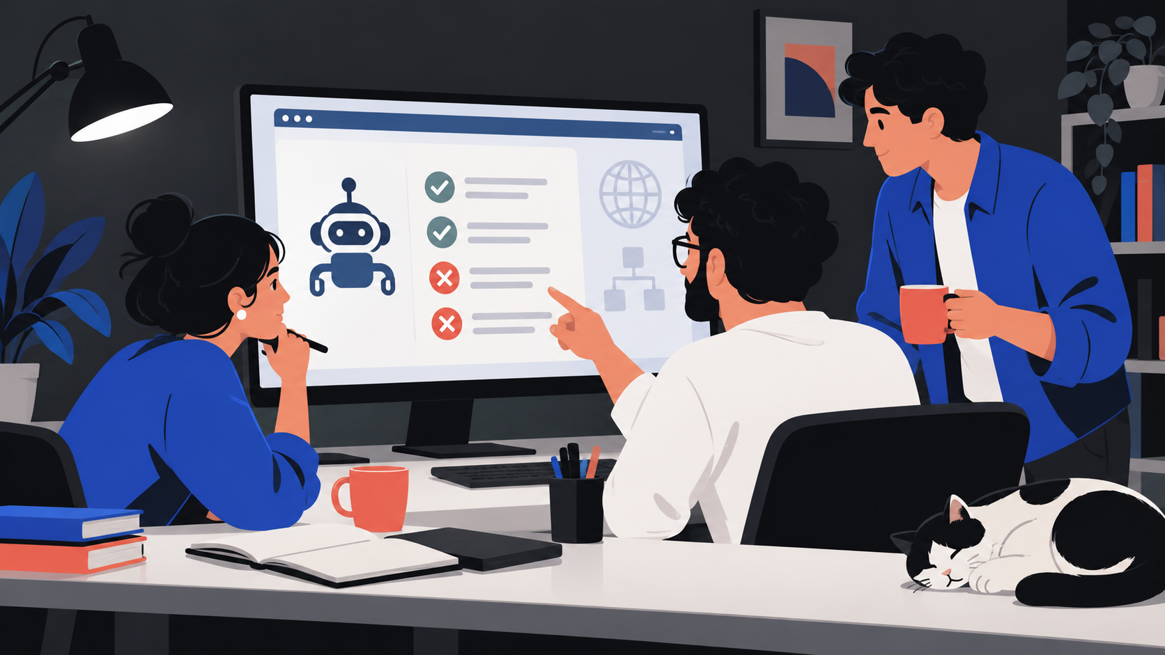 Original illustration of a web team reviewing visitor paths and accessibility.