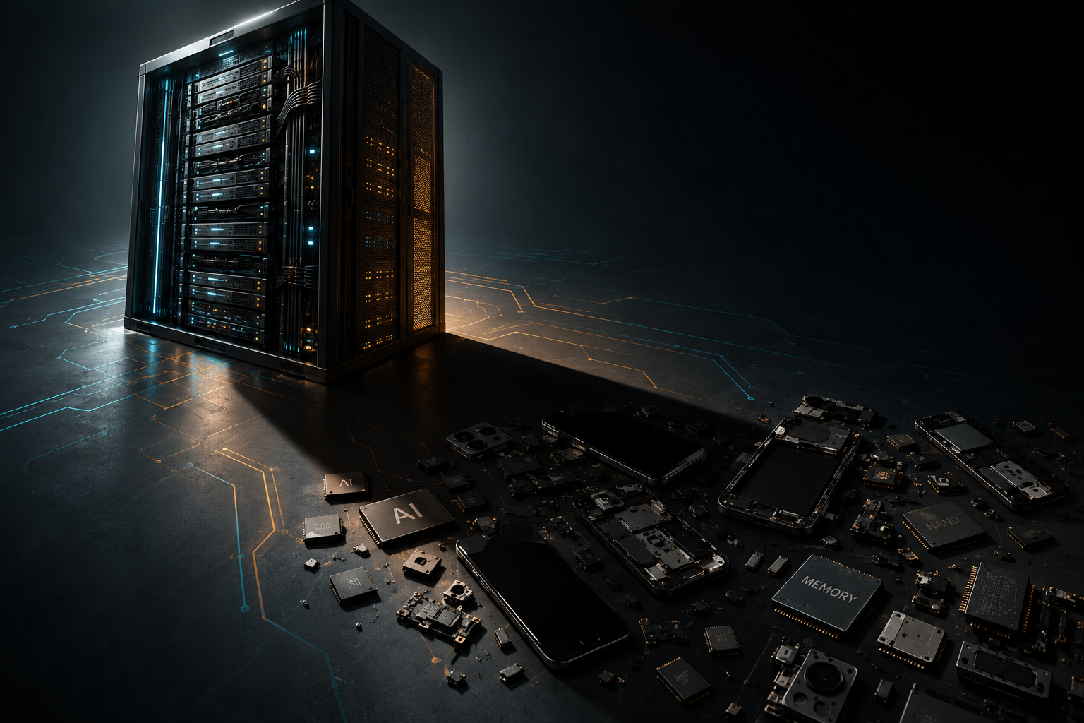 Dark technical editorial illustration of an AI data center server rack casting a heavy shadow over consumer smartphone components and memory chips.