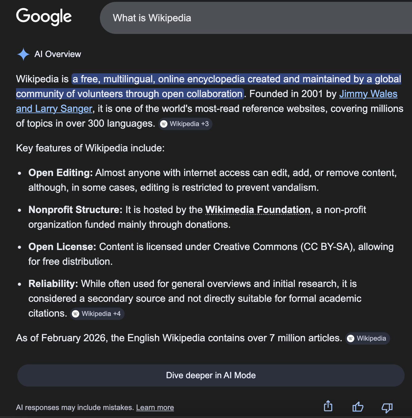 Google AI Overview answering what Wikipedia is above traditional search results