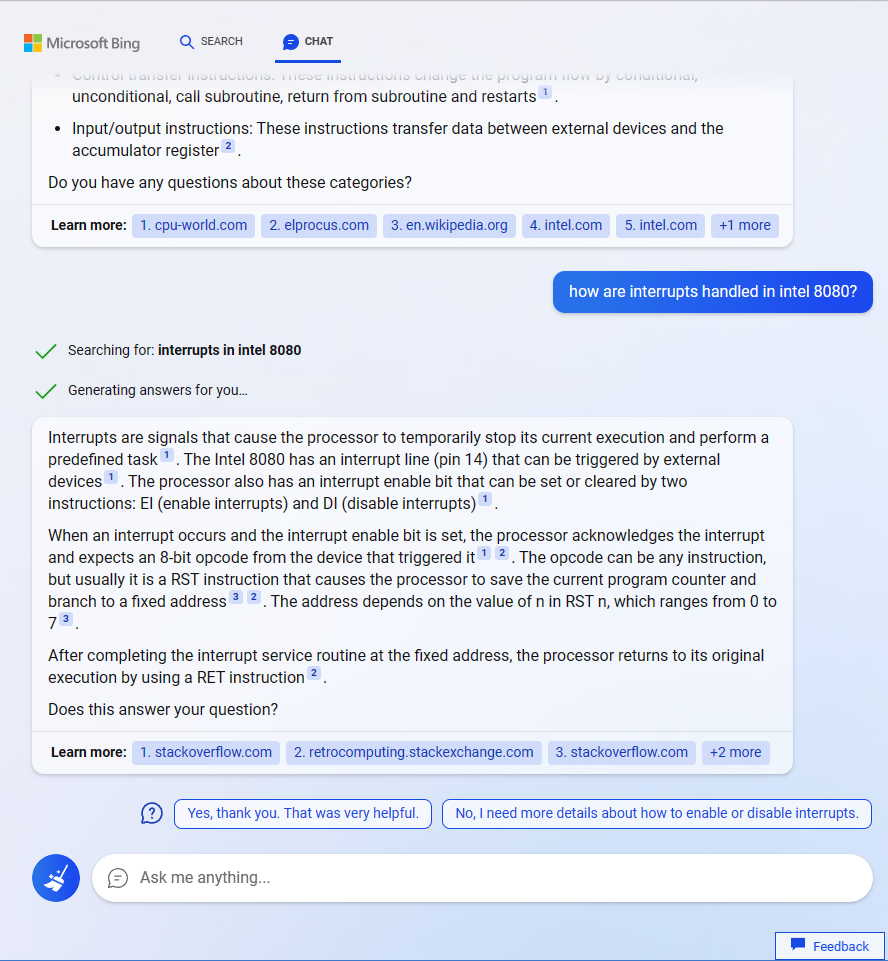 AI chat interface integrated into a web search engine