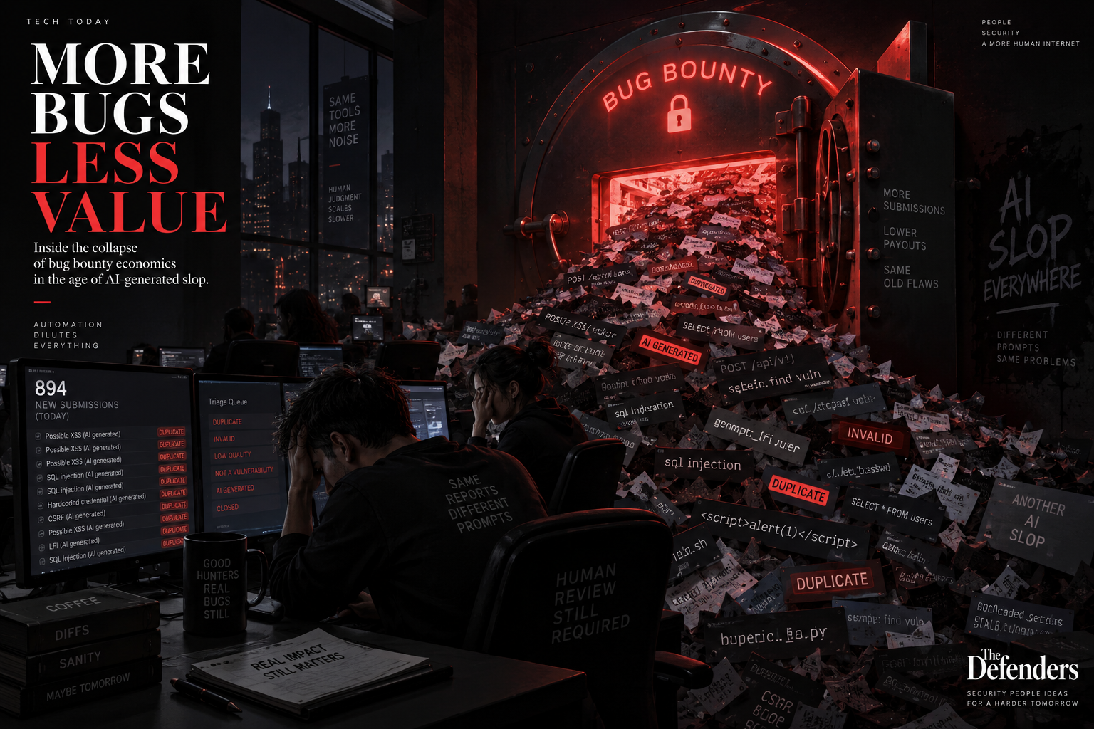 Minimalist dark editorial illustration showing a glowing red digital vault overflowing with synthetic code fragments in an engineering environment