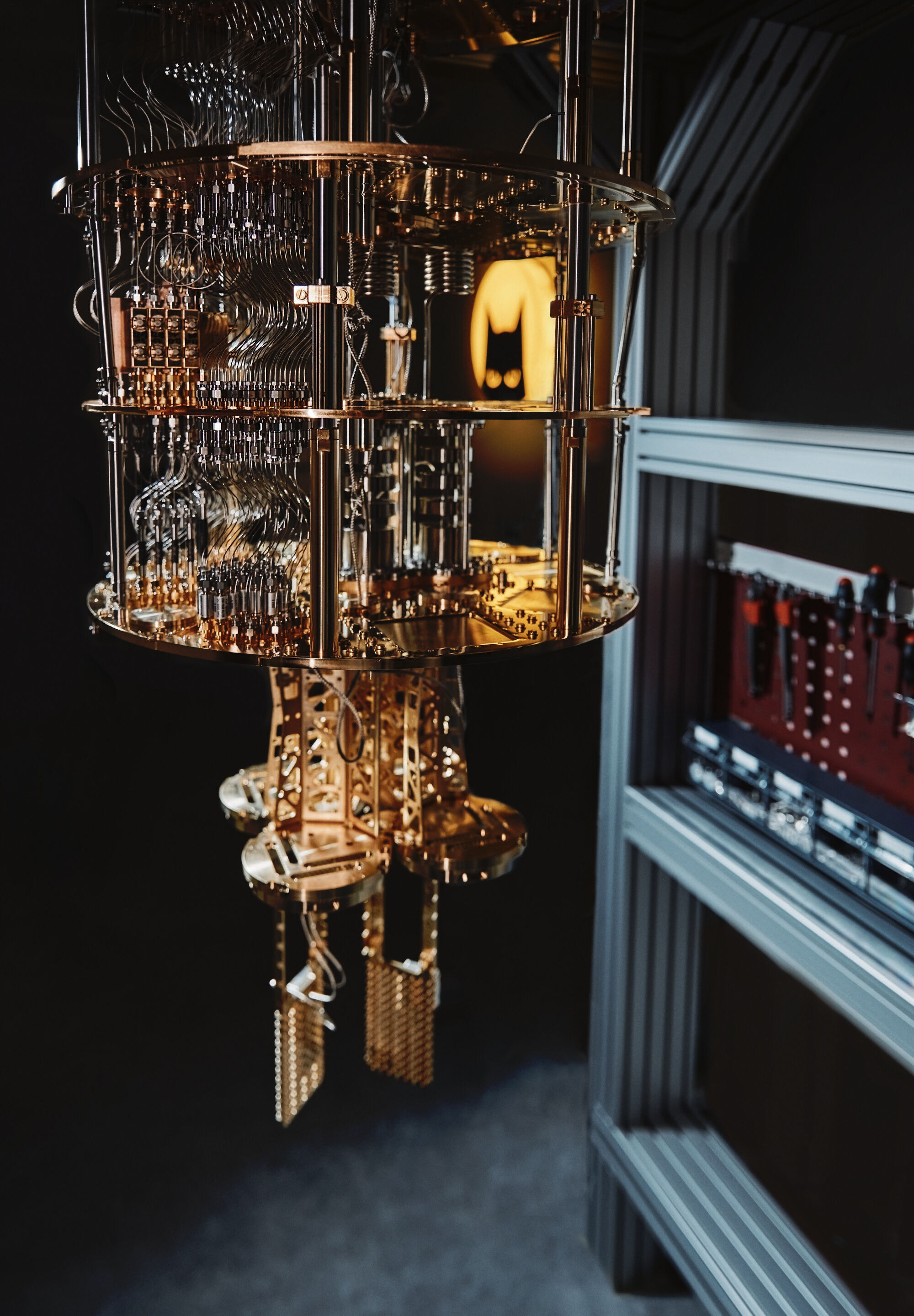 Alice and Bob dilution refrigerator cryostat chandelier for superconducting quantum computing experiments.