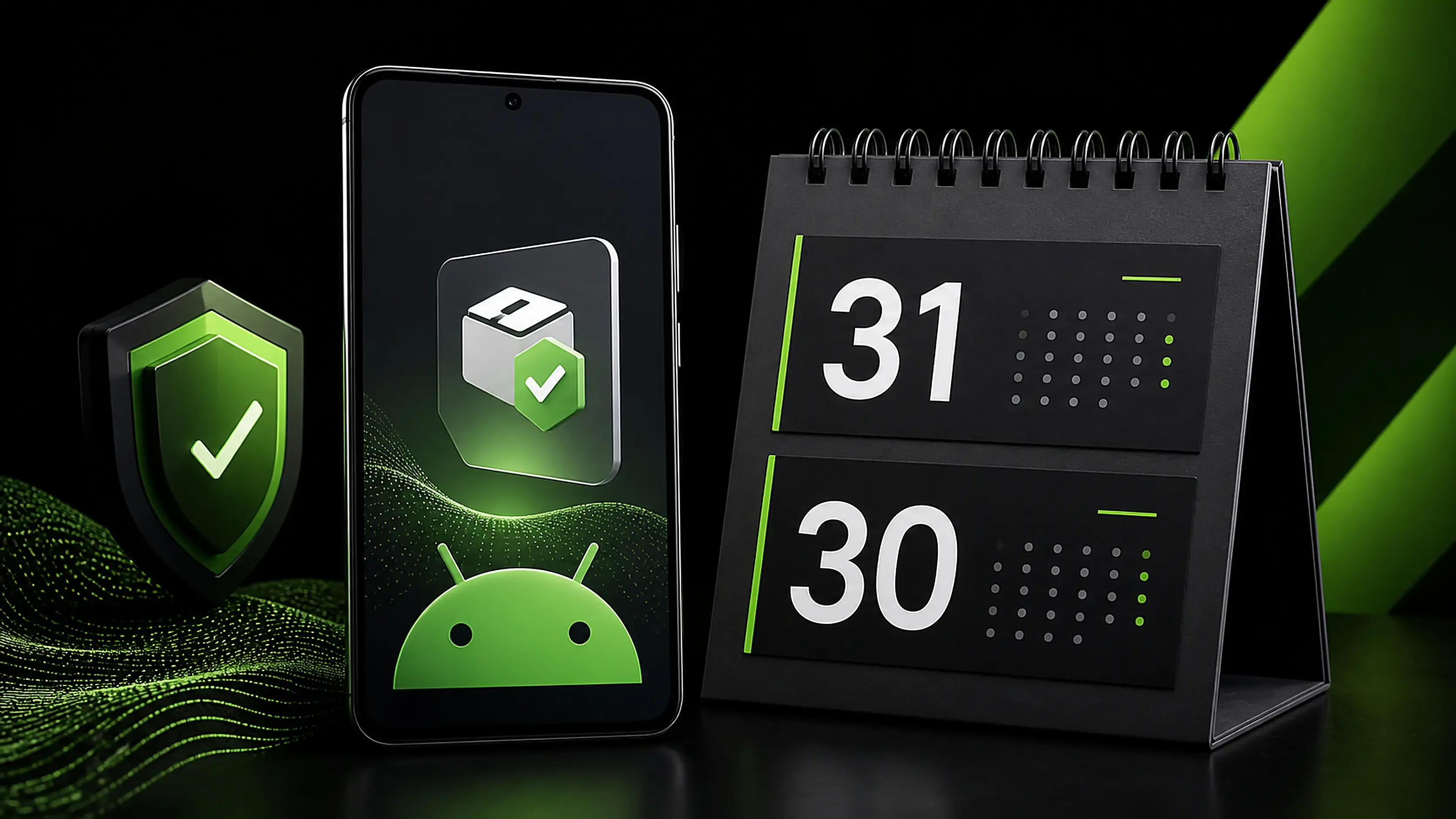 Ilustrasi editorial dua tanggal kepatuhan aplikasi Android pada kalender gelap