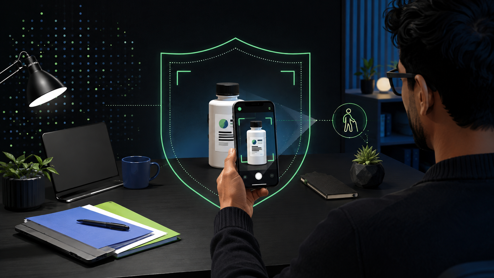 Illustration of a person using a phone camera to read a product label at a work desk