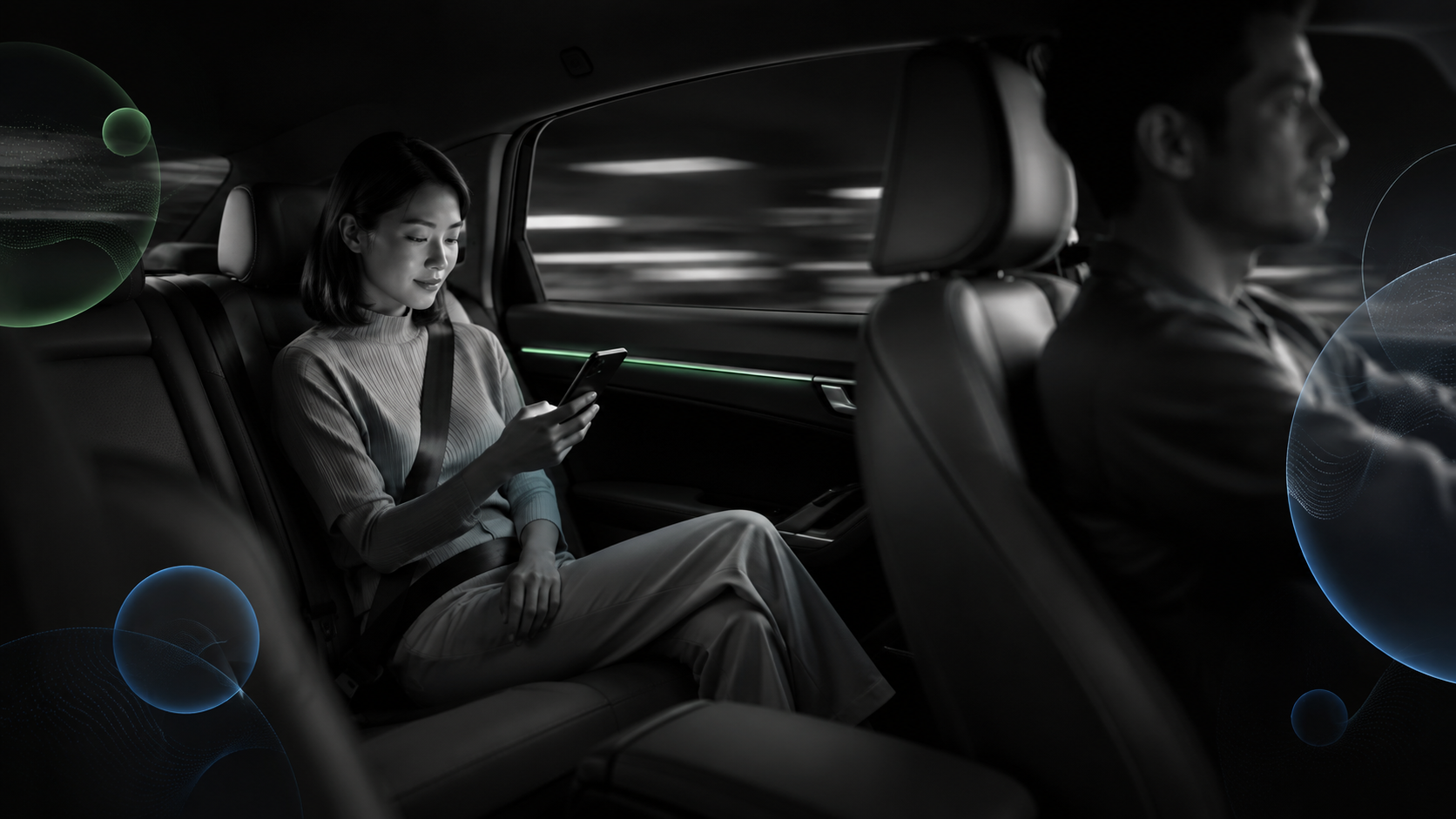 Illustration of a passenger using a phone with subtle motion cues in a moving car
