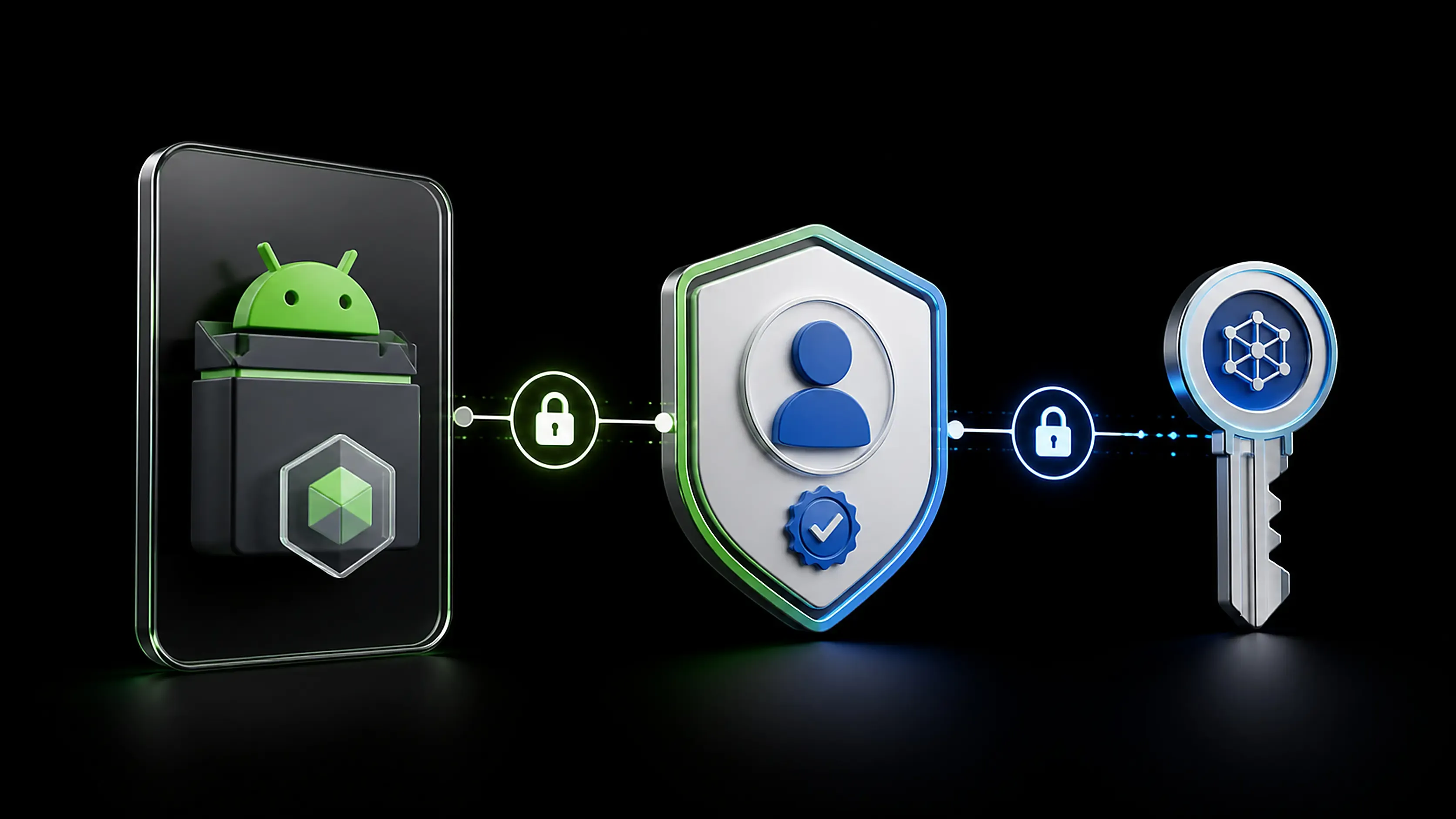 Ilustrasi editorial akun developer aplikasi Android terverifikasi dan identitas package