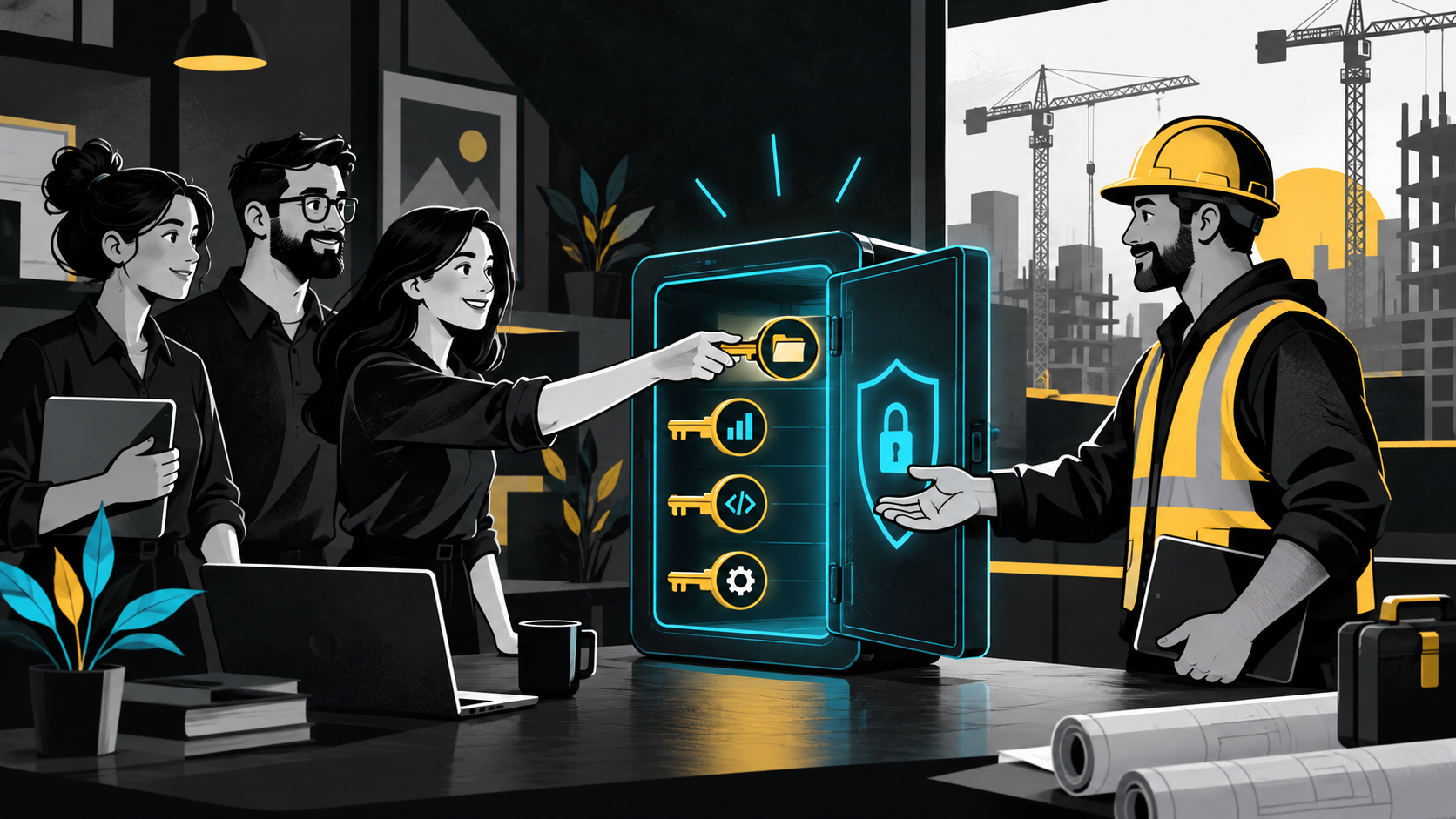 Editorial illustration of a team handing over access through a secure digital vault.