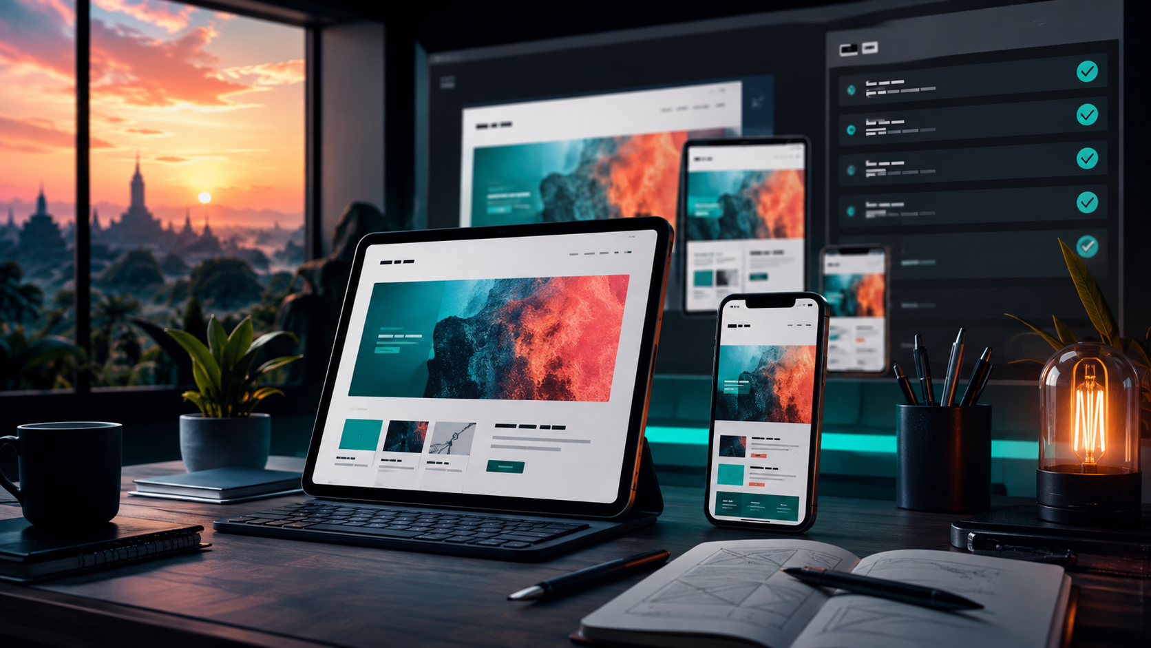 Illustration of a web studio desk with responsive layouts across a phone, tablet, and desktop display before a product event.