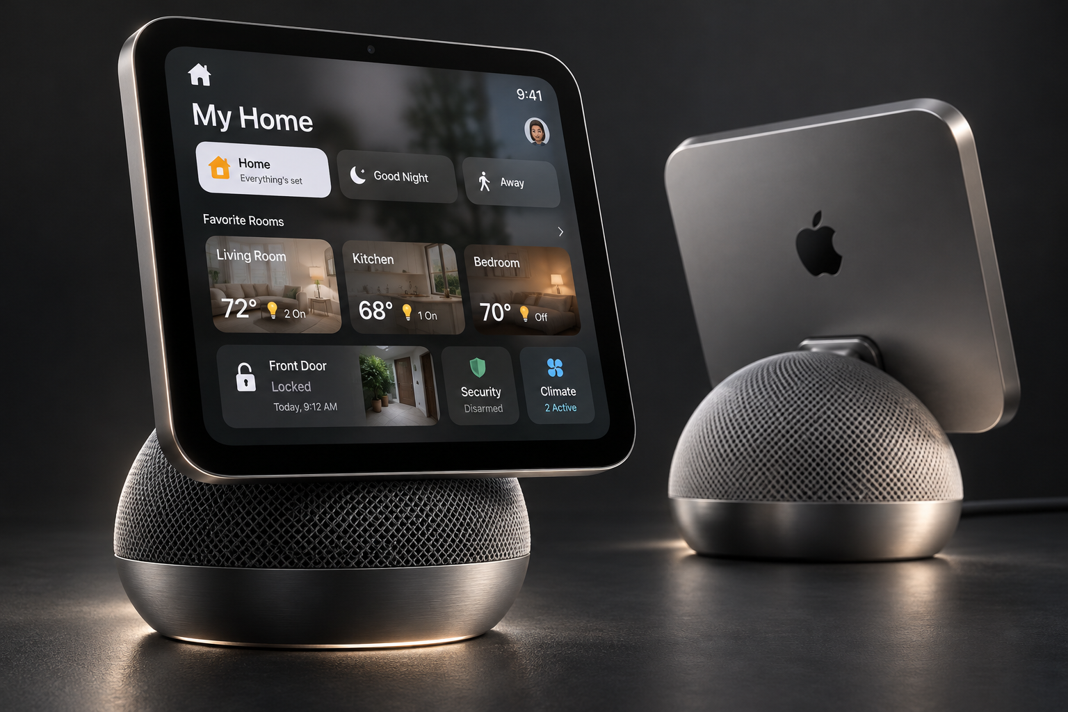 Dark industrial design studio rendering of the Apple HomeView tabletop smart display with a square 7-inch Liquid Retina screen on an aluminum speaker base.