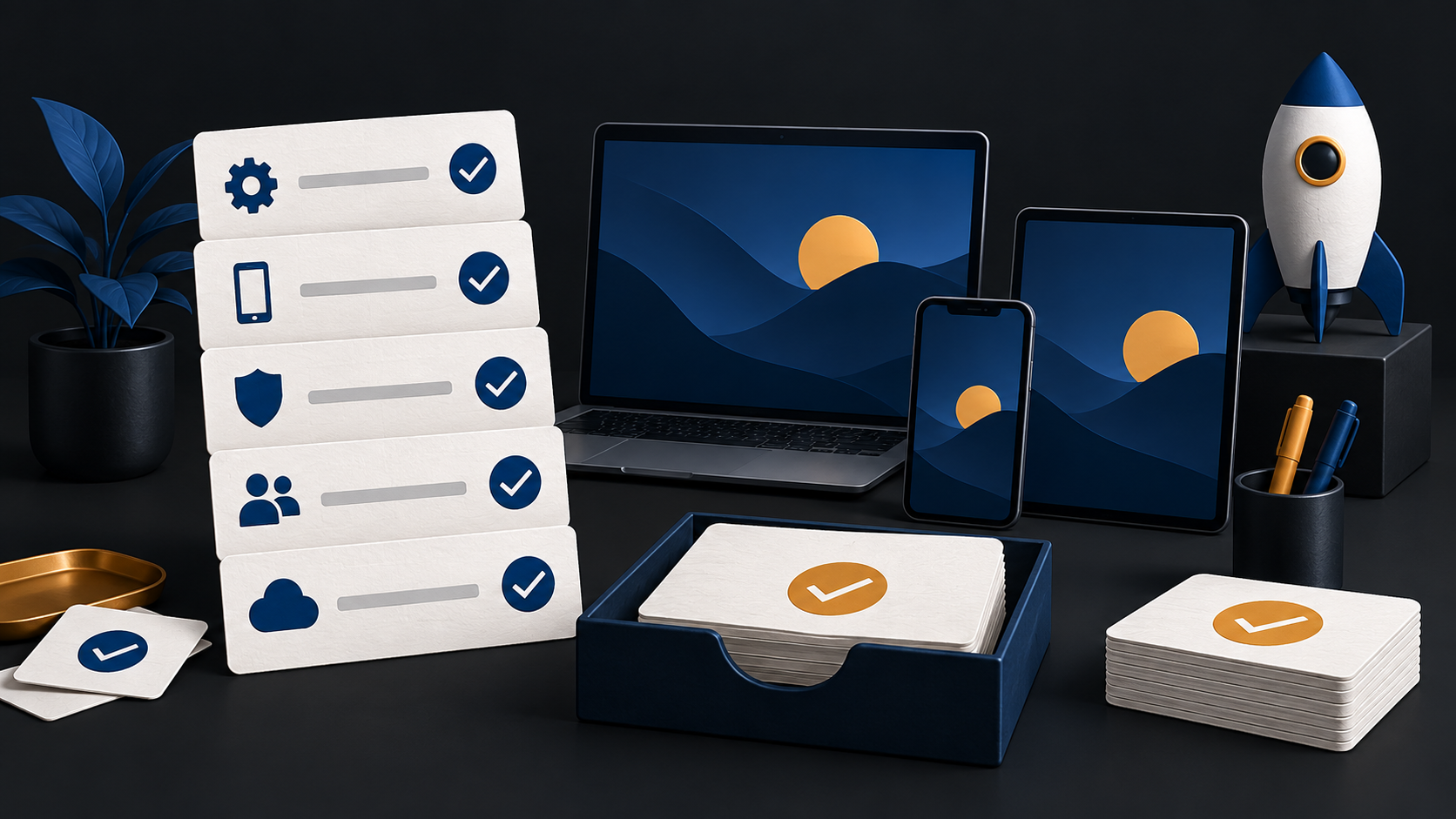 Original illustration of a practical app-release checklist and testing devices.
