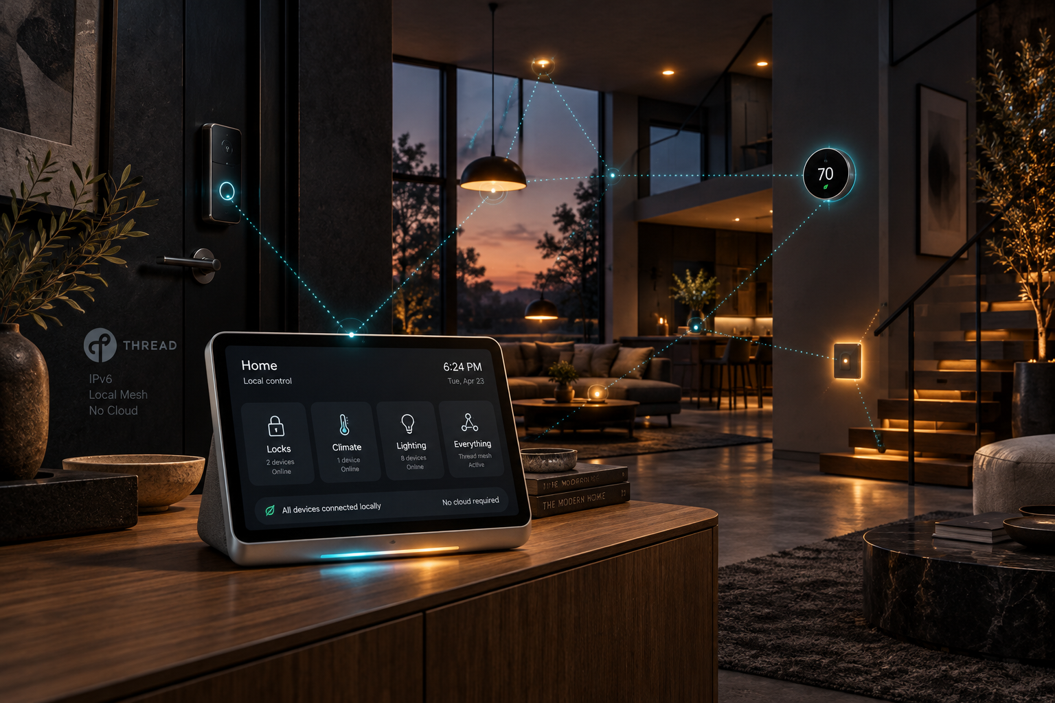 Dark technical editorial illustration of a modern minimalist smart home interior with subtle glowing cyan and amber local mesh network nodes and an aluminum smart display hub communicating locally over Thread.