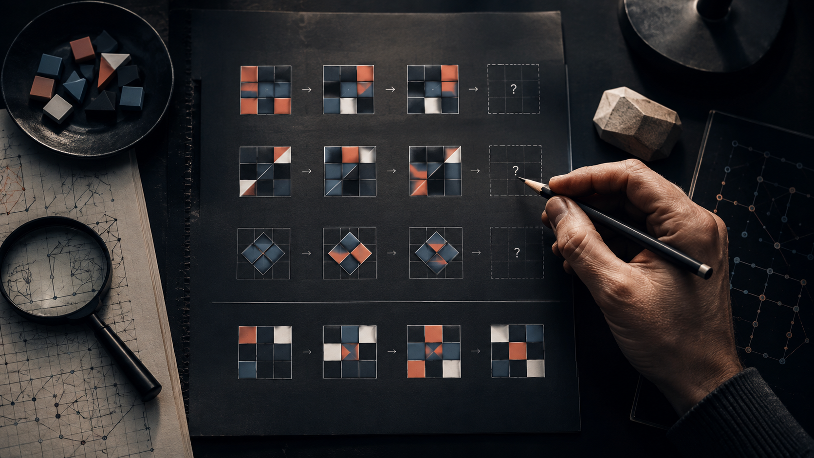 Original editorial illustration of a person examining abstract grid-reasoning puzzles.