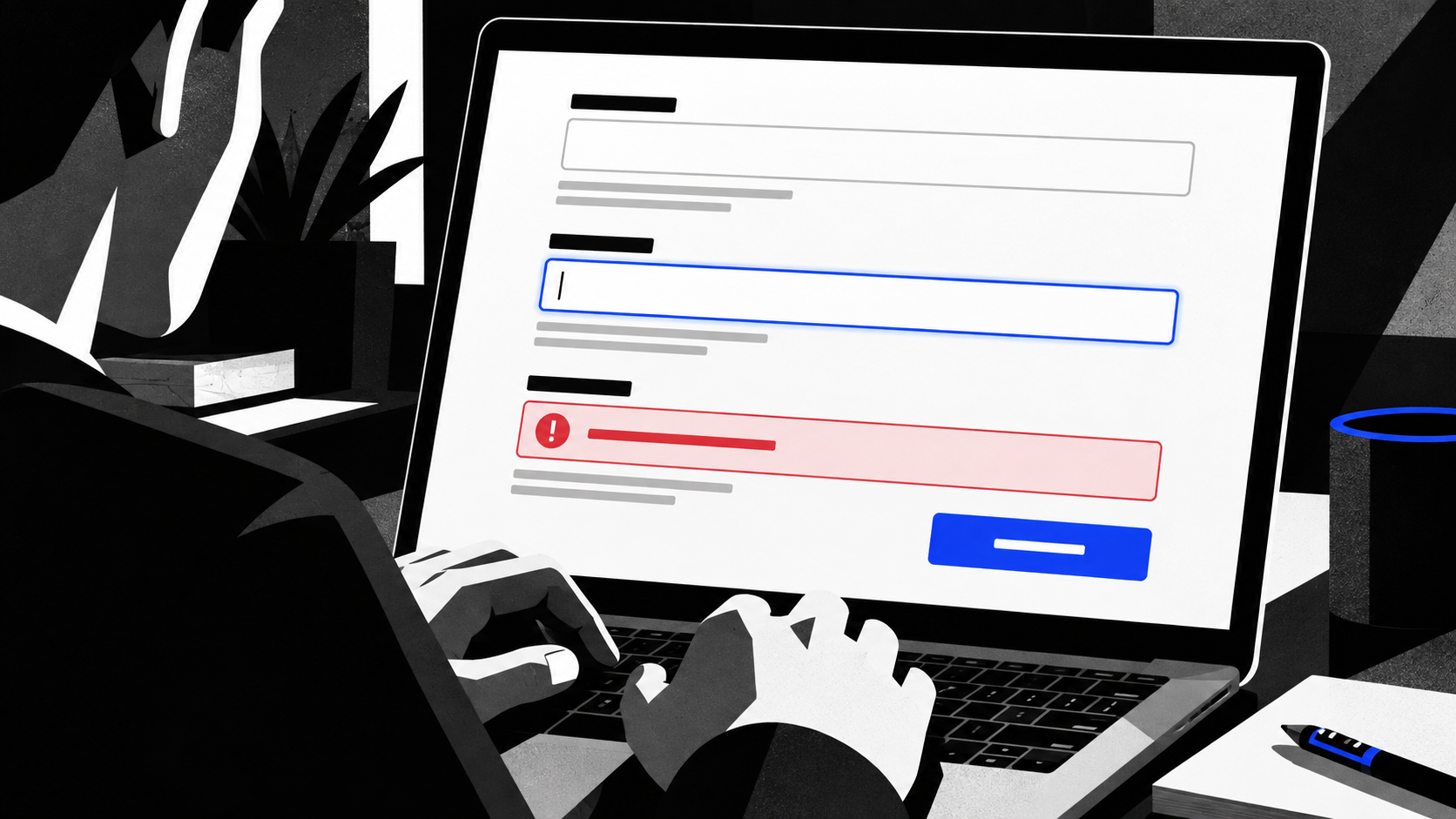 An original editorial illustration of clearly labelled form fields, visible errors, and a keyboard focus state.