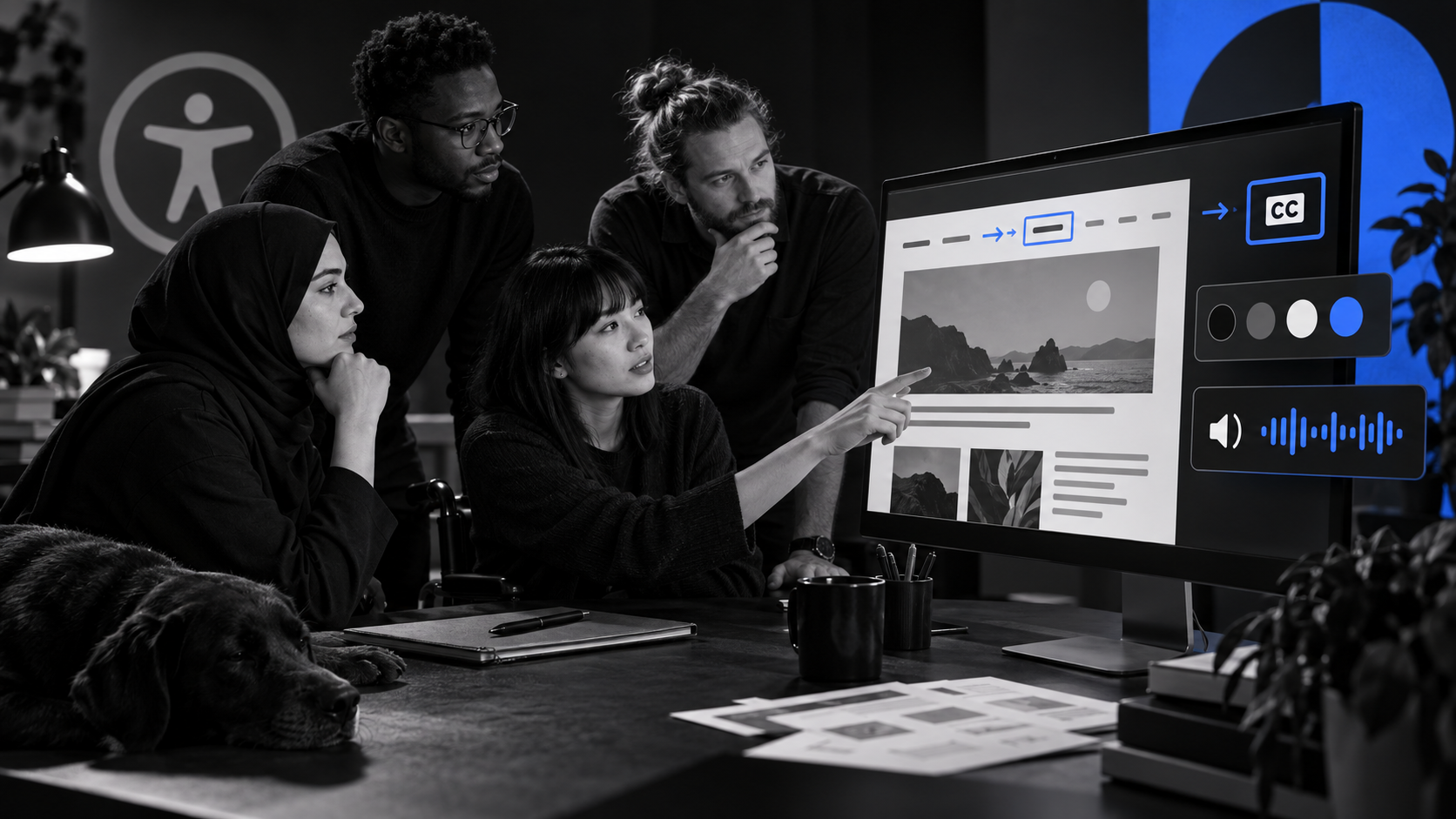 An original editorial illustration of a small product team reviewing a website with keyboard, captions, and contrast checks.