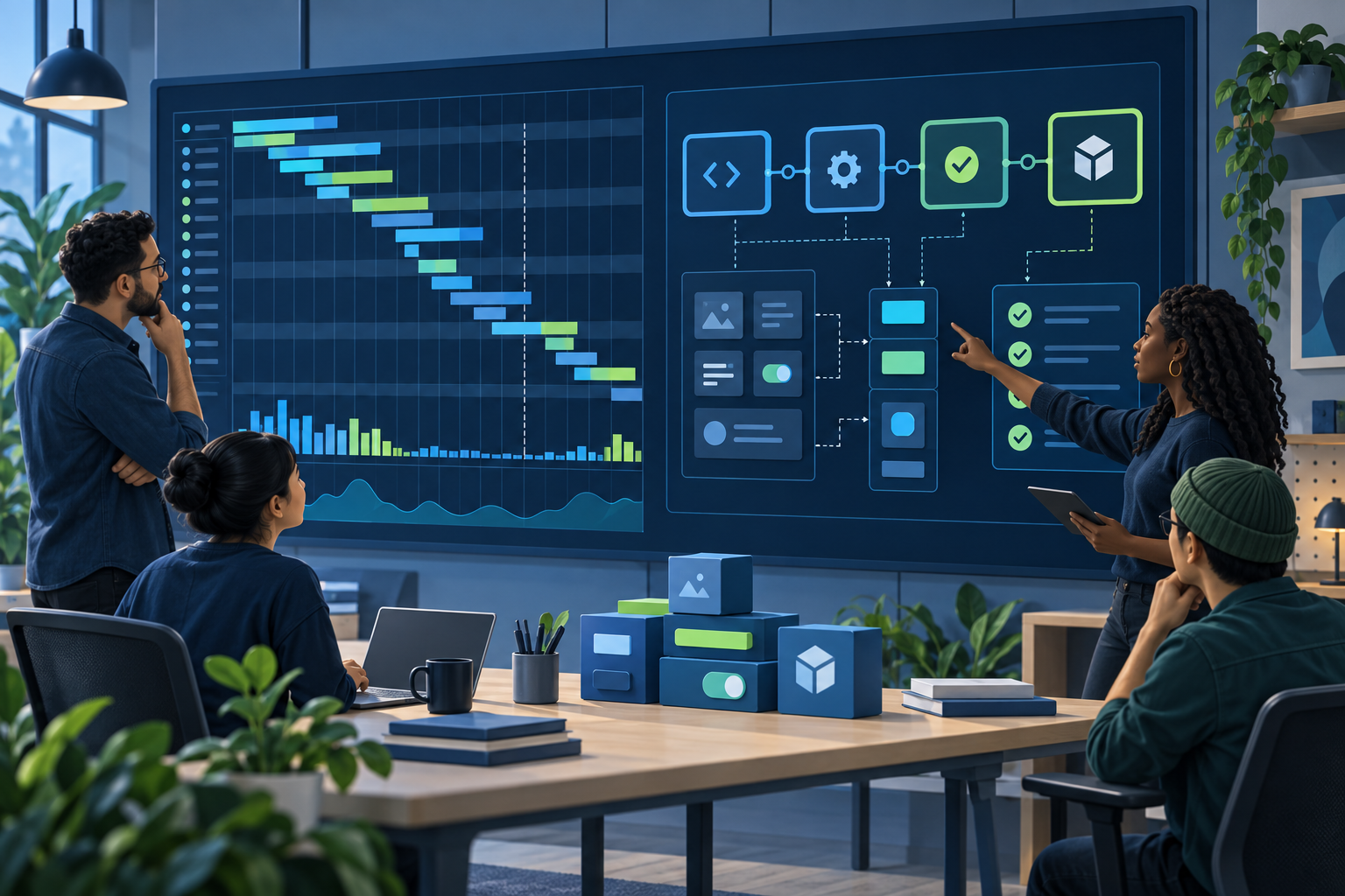 A web team studies a network waterfall rendered as a technical blueprint.