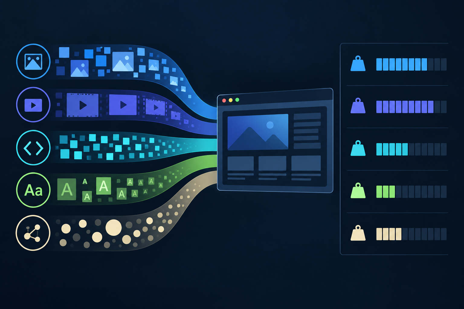 An abstract website measurement board comparing image, video, and script delivery.