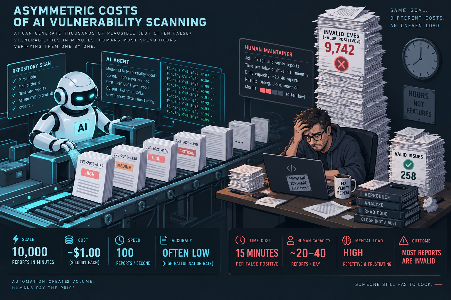 Technical isometric diagram showing the economic asymmetry between automated AI report generation and human code verification