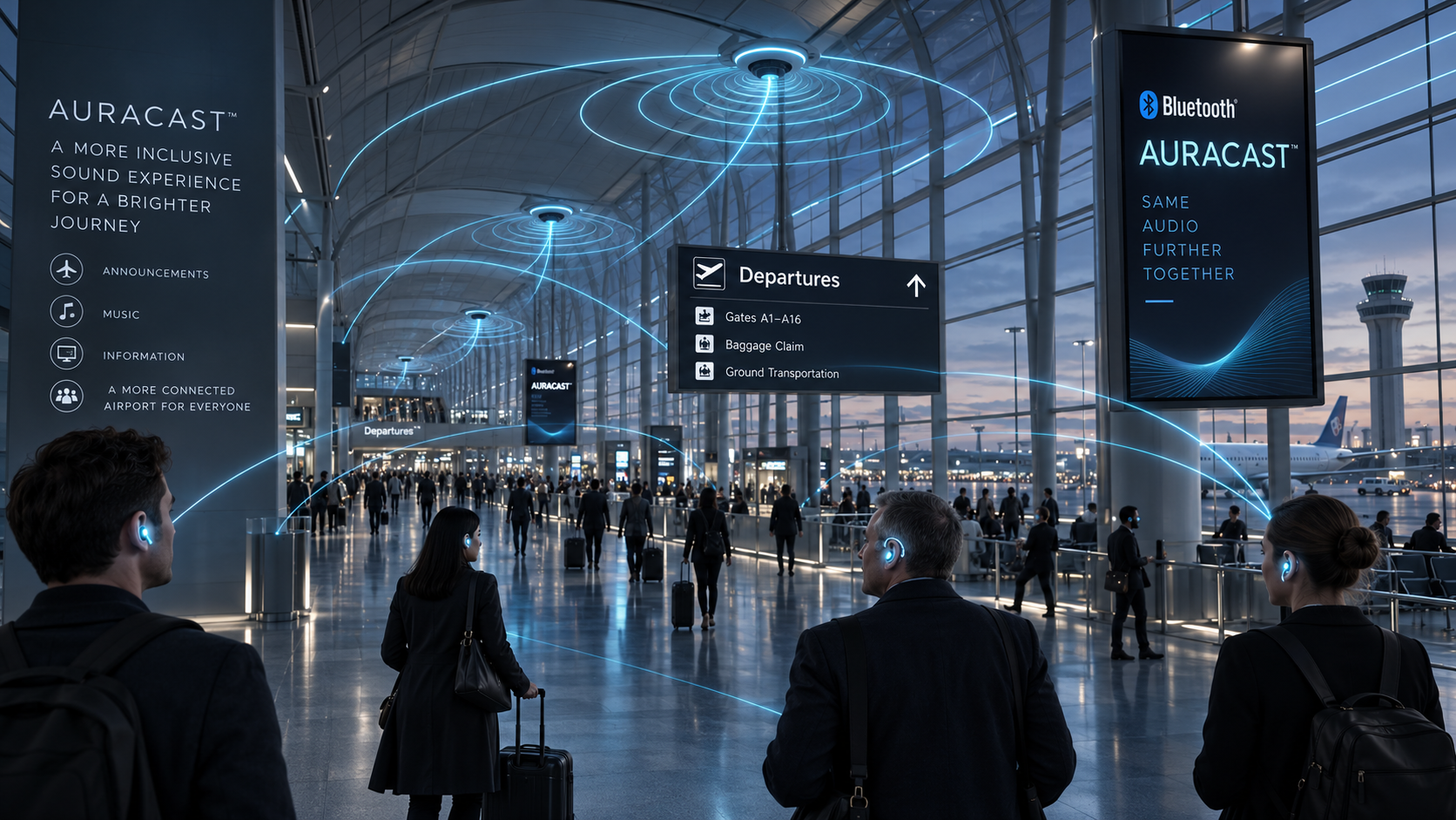 Editorial 3D concept visualization of Bluetooth Auracast radio waves radiating through an airport terminal concourse to passenger earbuds and hearing aids.