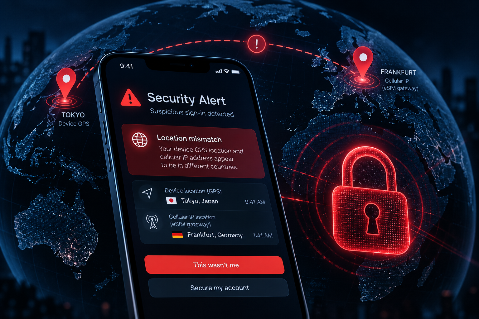 Editorial visualization of a mobile smartphone screen displaying an authentication security alert against a world map with mismatched geolocation markers.