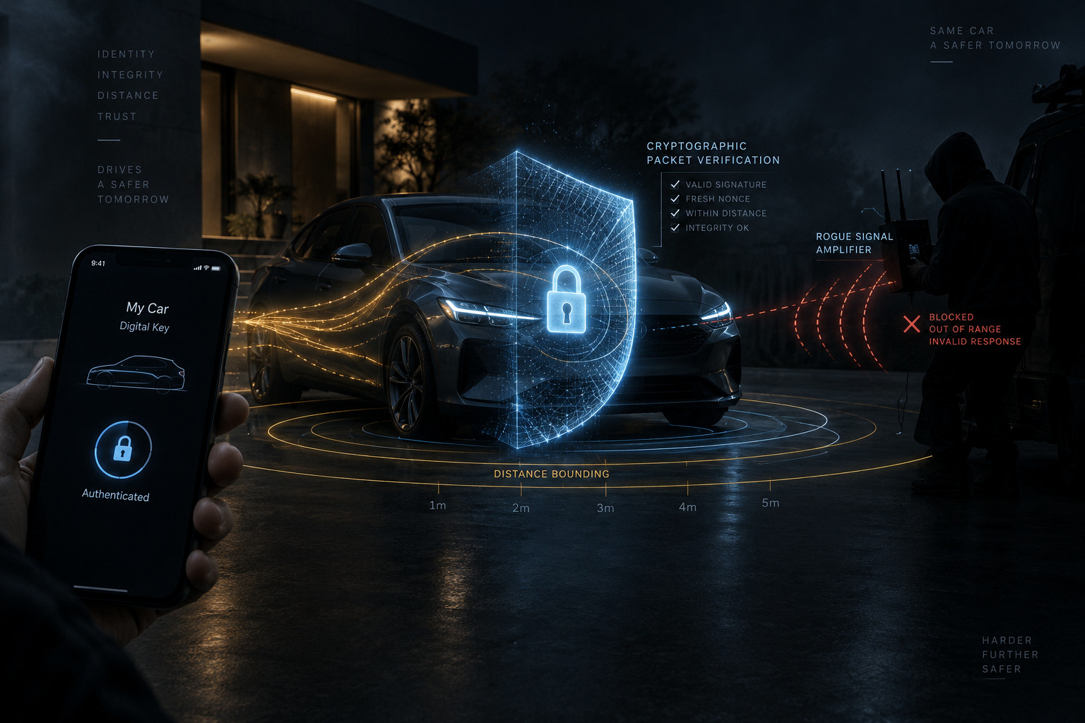 Dark conceptual graphic showing a car silhouette, a smartphone digital key, and cryptographic distance bounding blocking a signal relay attack.