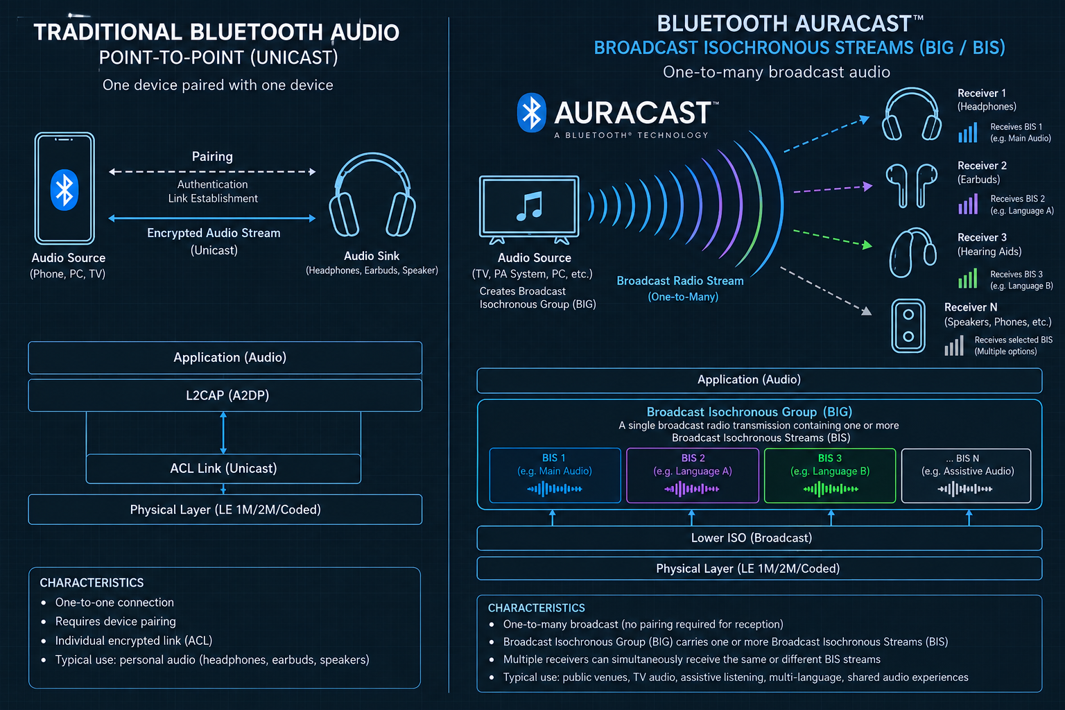 Technical architecture diagram of Bluetooth Auracast Broadcast Isochronous Streams BIG and BIS, contrasting traditional pairing with broadcast radio.