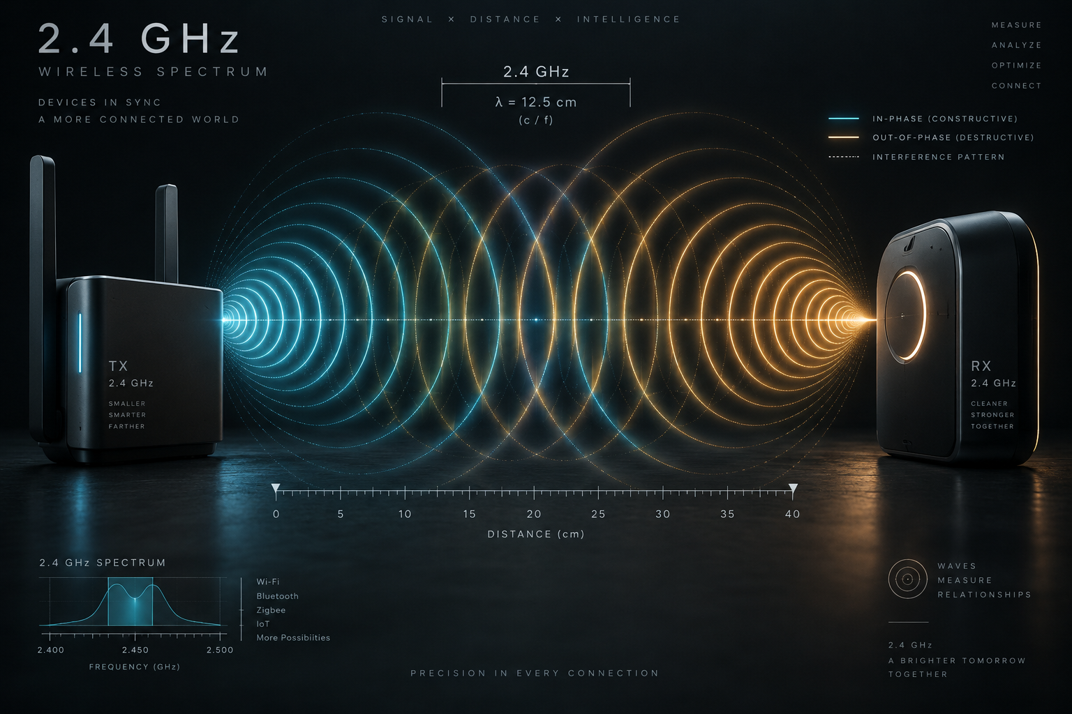 Dark editorial tech illustration of two electronic devices exchanging precision radio wave phase patterns and measurement rings in the 2.4 GHz spectrum.