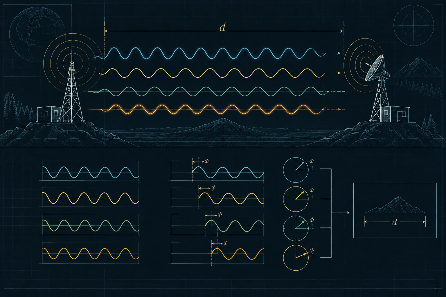 Dark technical editorial illustration showing multi-frequency radio wave phase shifts aligning between two transceivers.