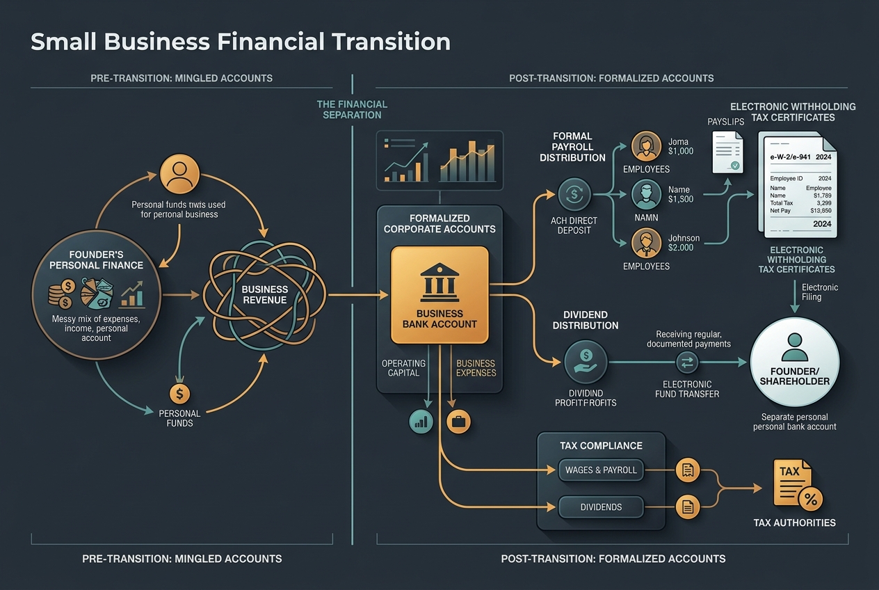 Diagram illustrating small business transition from personal finance mixing to formal payroll and dividend distribution.