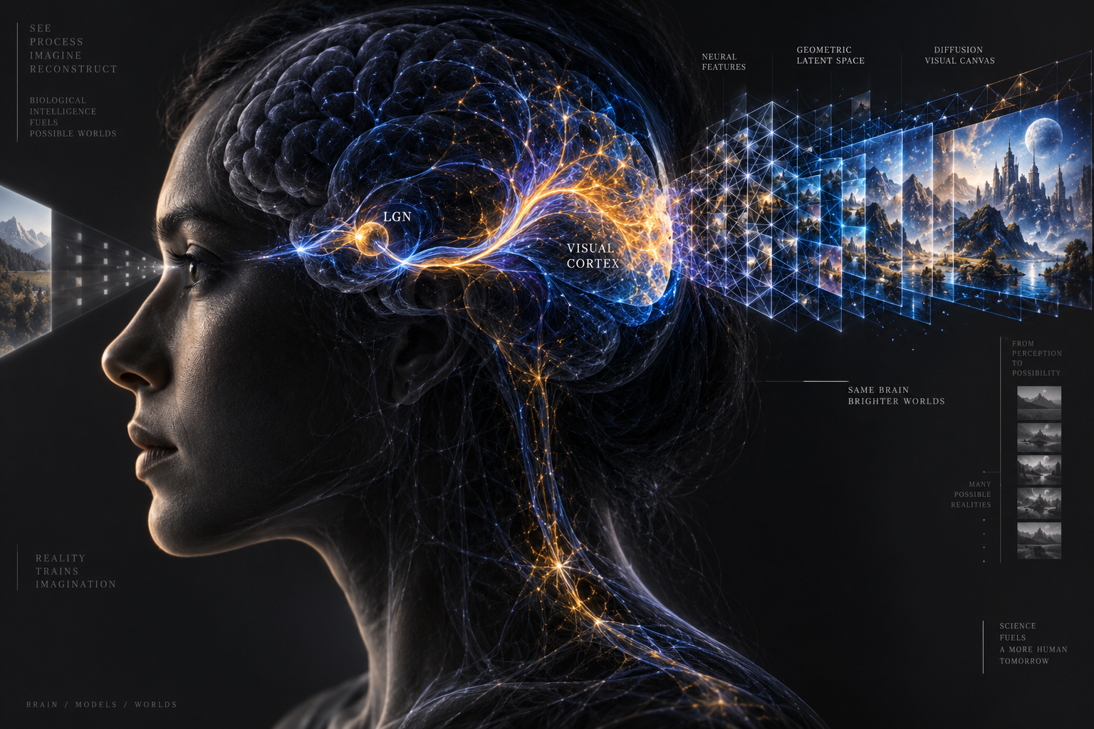 Editorial conceptual illustration showing neural pathways in the visual cortex resolving into a structured geometric latent diffusion canvas
