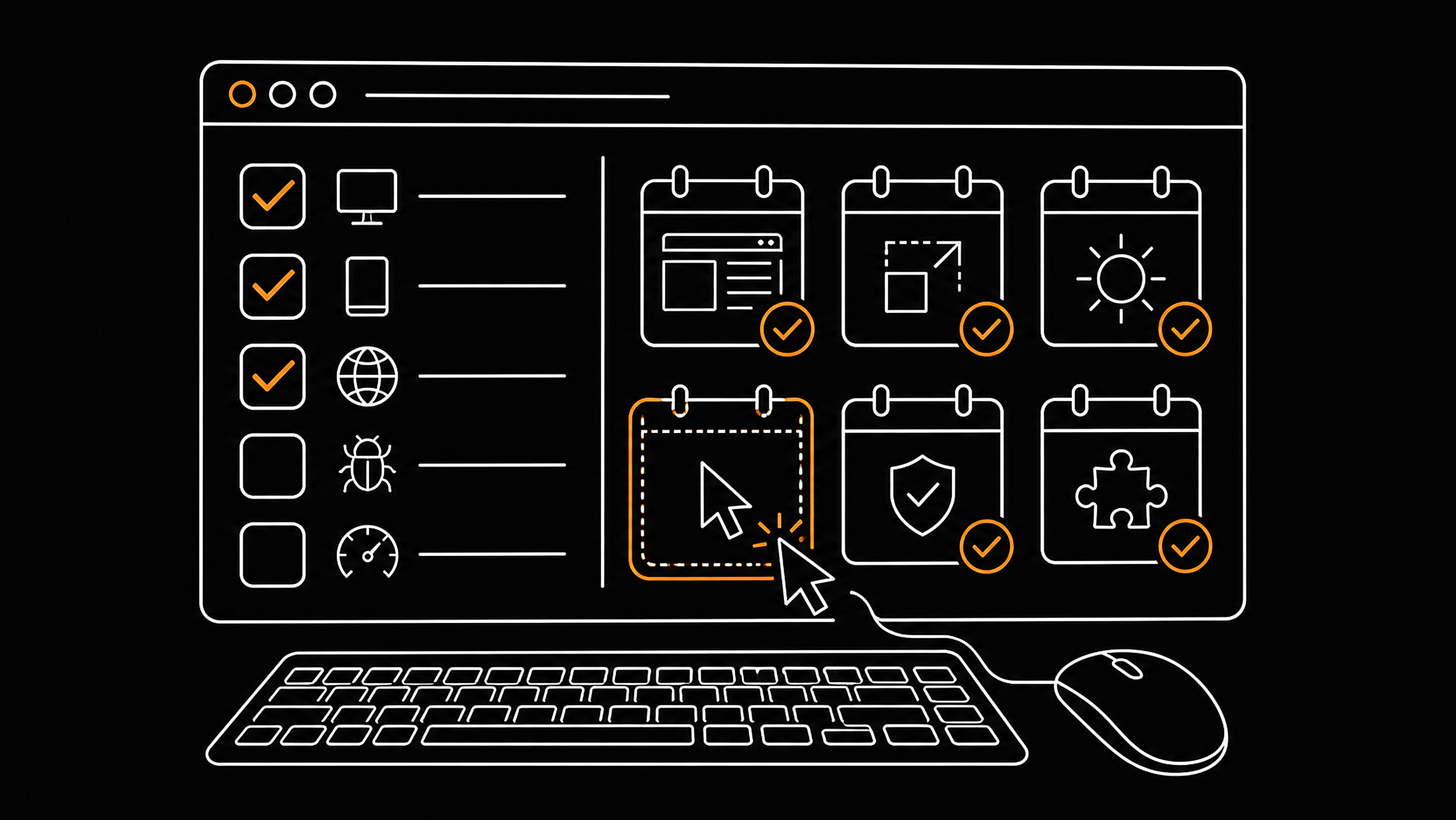 Ilustrasi editorial checklist regresi peramban dengan kalender dan simbol fokus keyboard