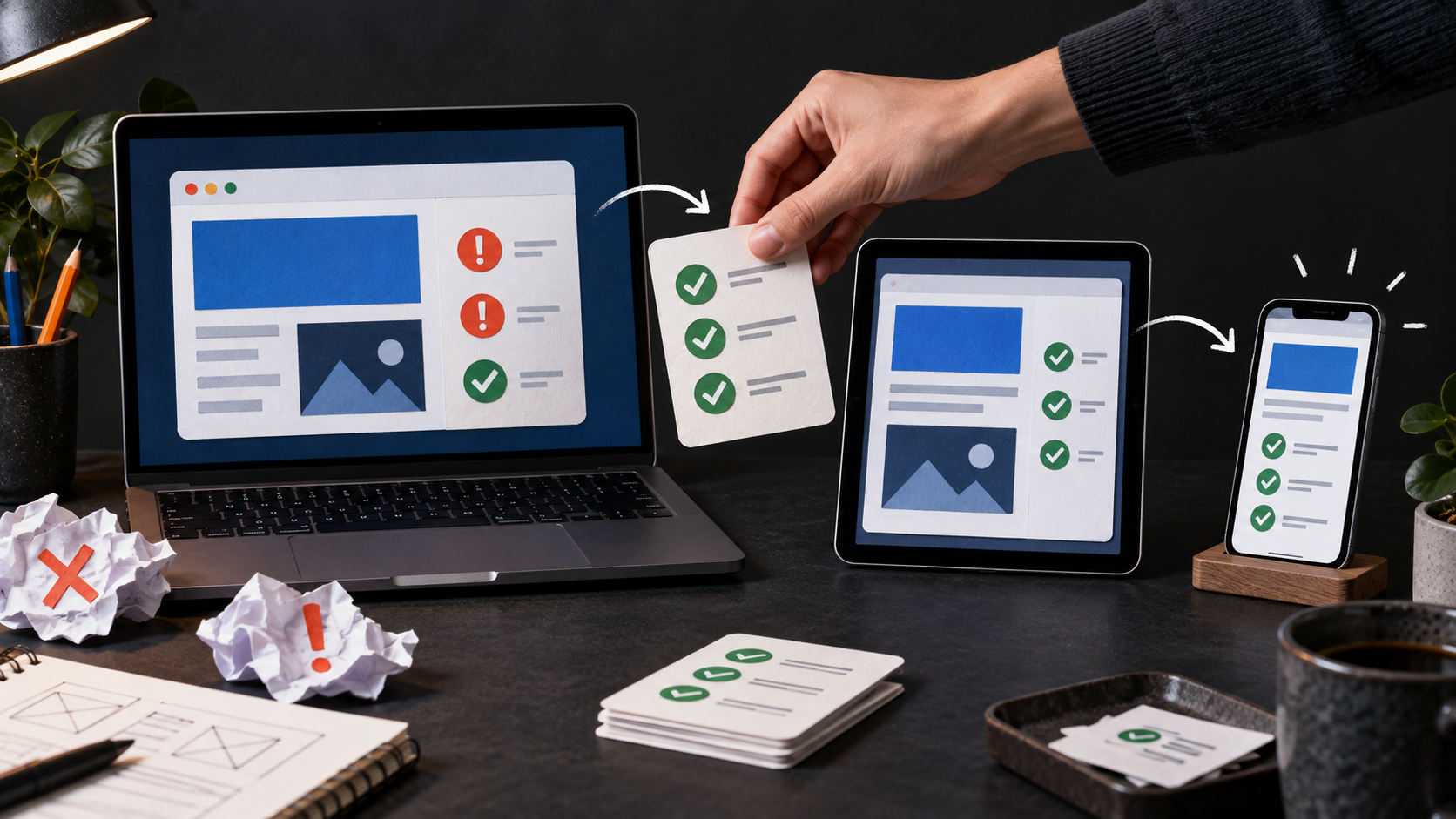 Original illustration of a release testing routine across laptop, tablet, and phone.