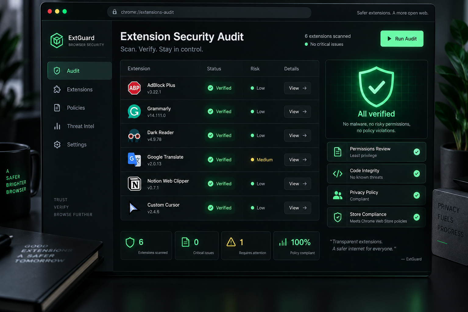 An editorial illustration of an enterprise browser security audit and extension governance checklist.