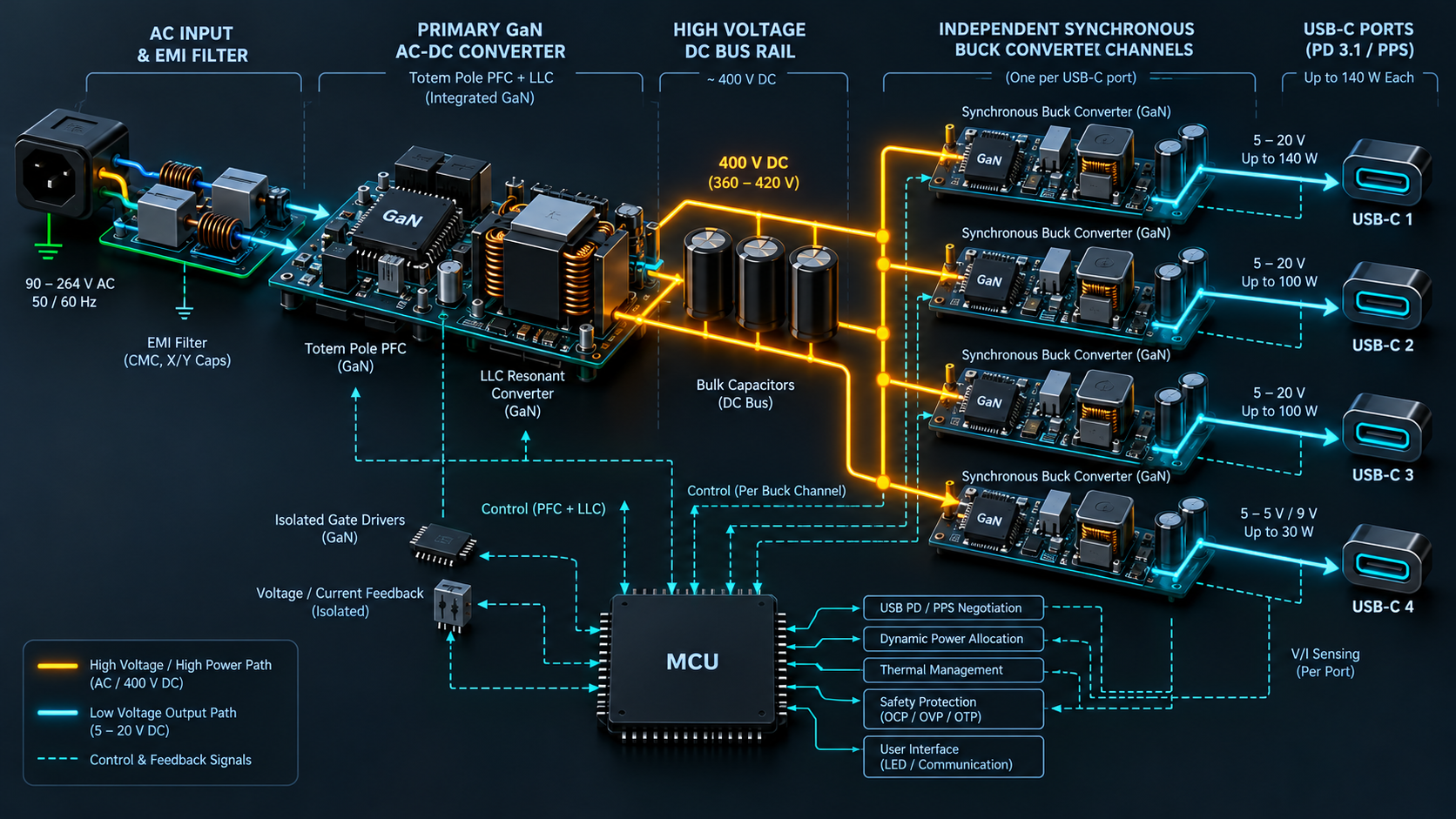 Clean technical isometric diagram showing multi-port GaN charger power topology: primary AC-DC GaN stage, central DC bus, and secondary synchronous buck converters with microcontroller logic.