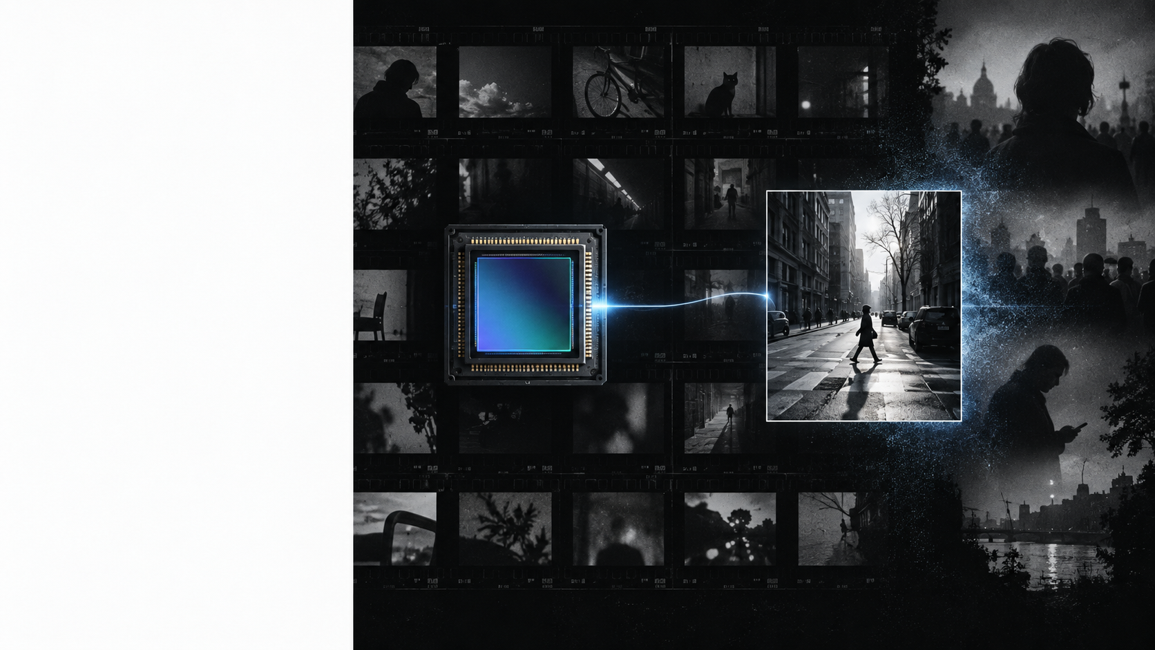 Conceptual illustration of a signed camera sensor frame surrounded by unanswered context.