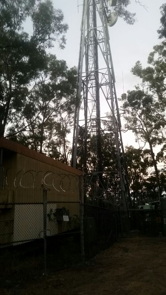 Cellular mobile UHF antenna tower base station against an open sky.