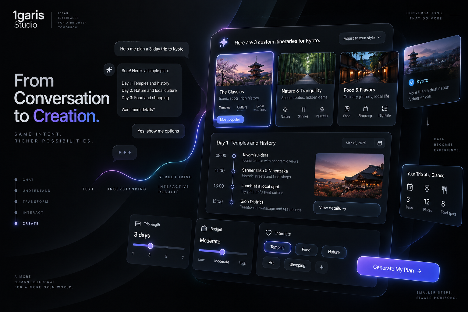 Editorial digital illustration of a conversational chat screen dynamically assembling glowing modular user interface controls, toggles, and buttons.