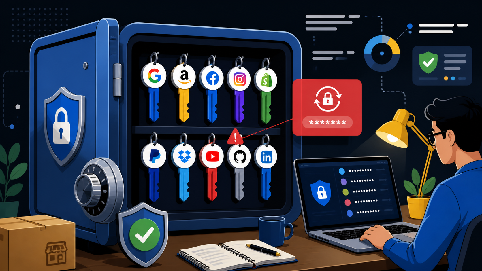 Illustration of a password manager vault with distinct credentials