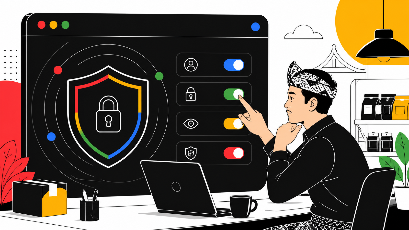 Illustration of a protected browser window on a small-business desk