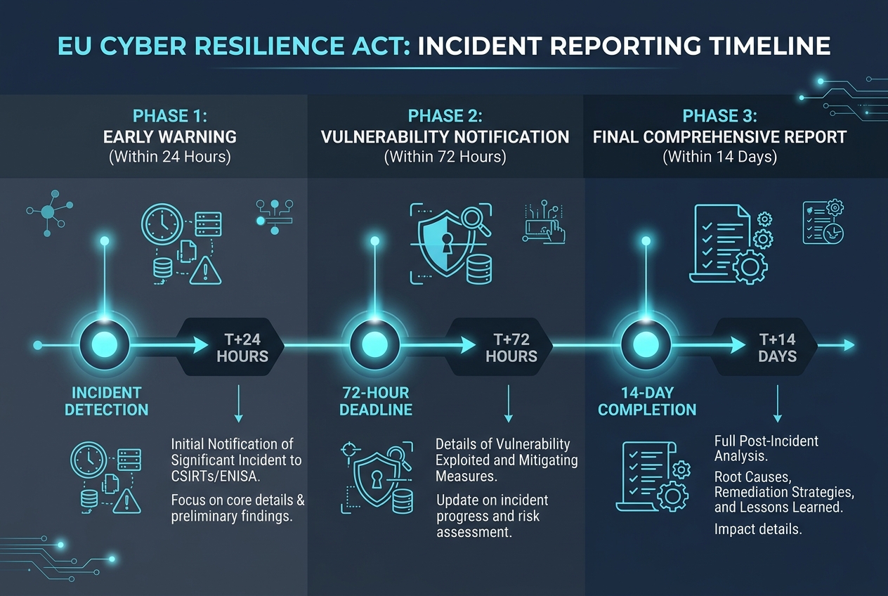 Technical editorial diagram illustrating the EU Cyber Resilience Act reporting timeline across 24 hours, 72 hours, and 14 days.