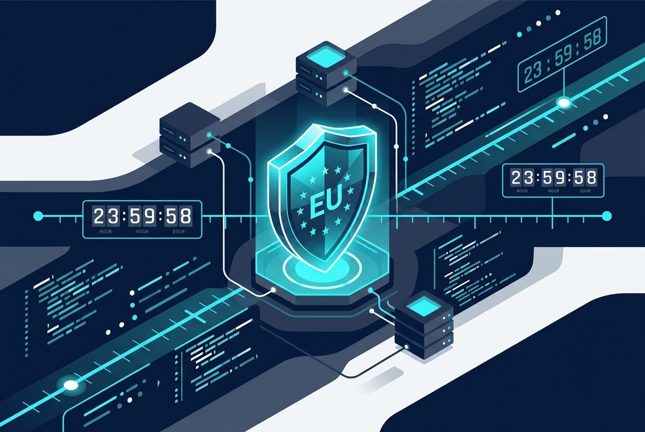 Minimalist high-tech editorial illustration representing the European Union Cyber Resilience Act and software security compliance with a digital shield and 24-hour countdown clock.