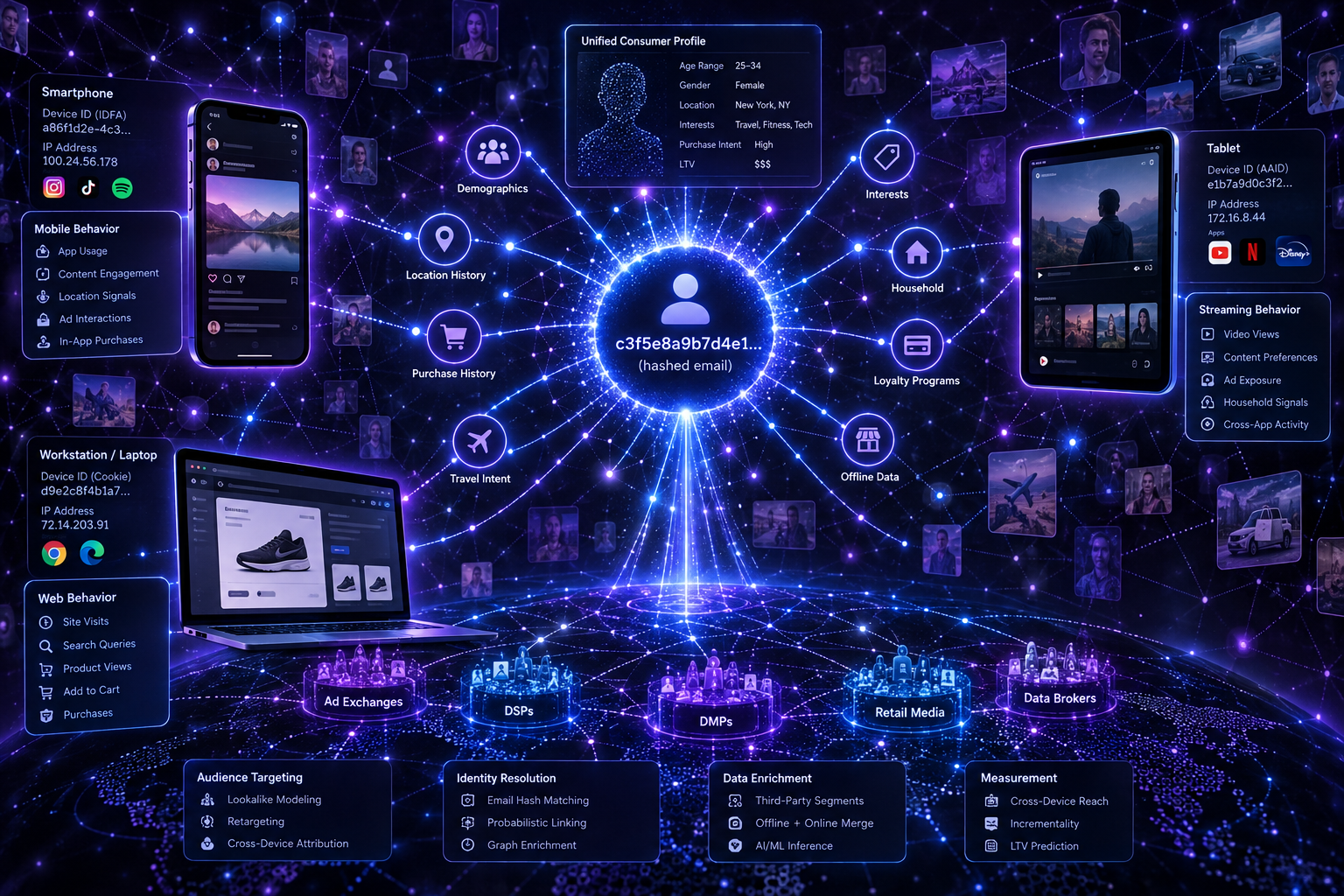 Data science conceptual visualization of an ad tech identity graph connecting hashed email nodes across multiple personal devices.