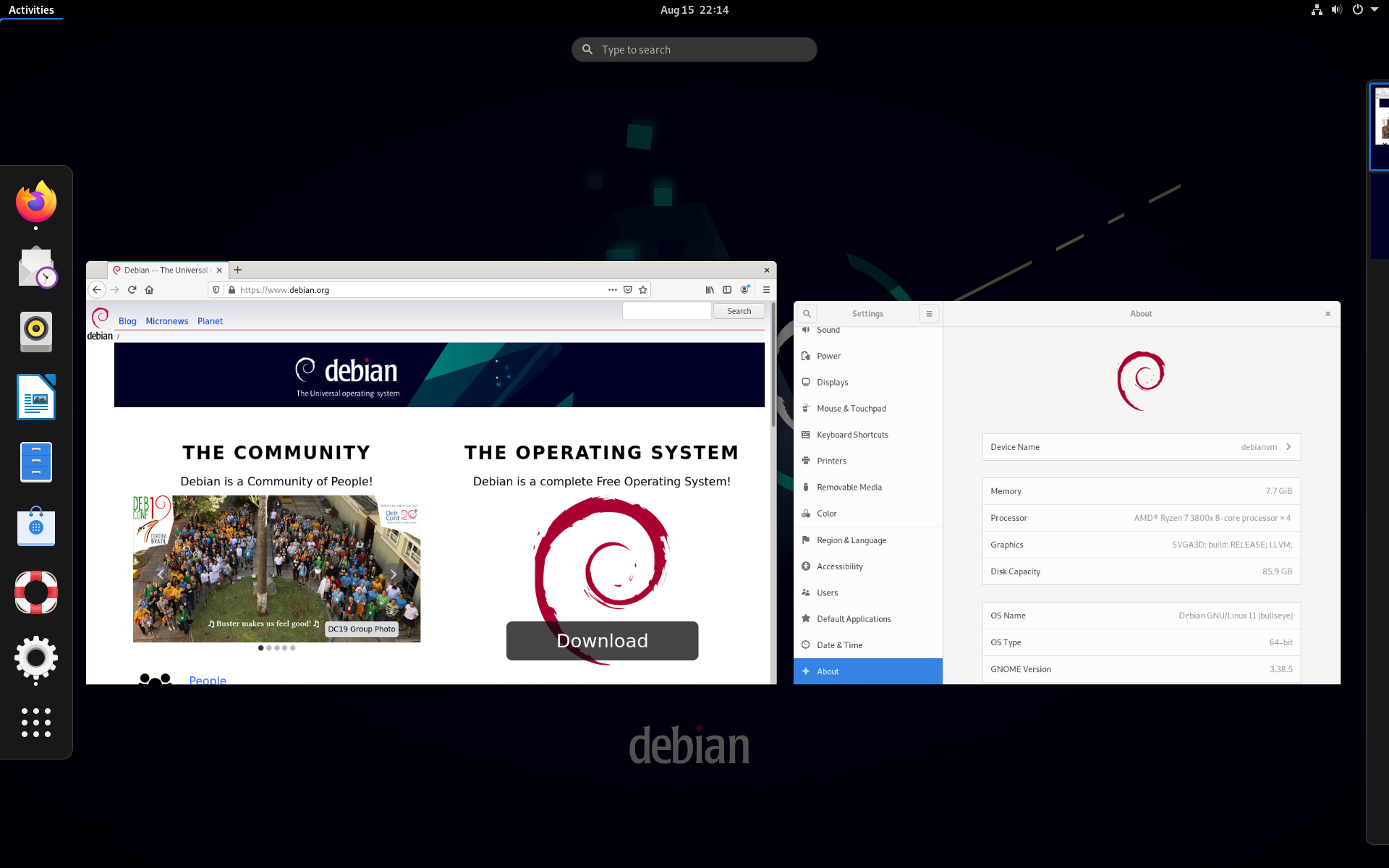Debian Linux desktop running the GNOME environment with clean desktop panels and system indicators.