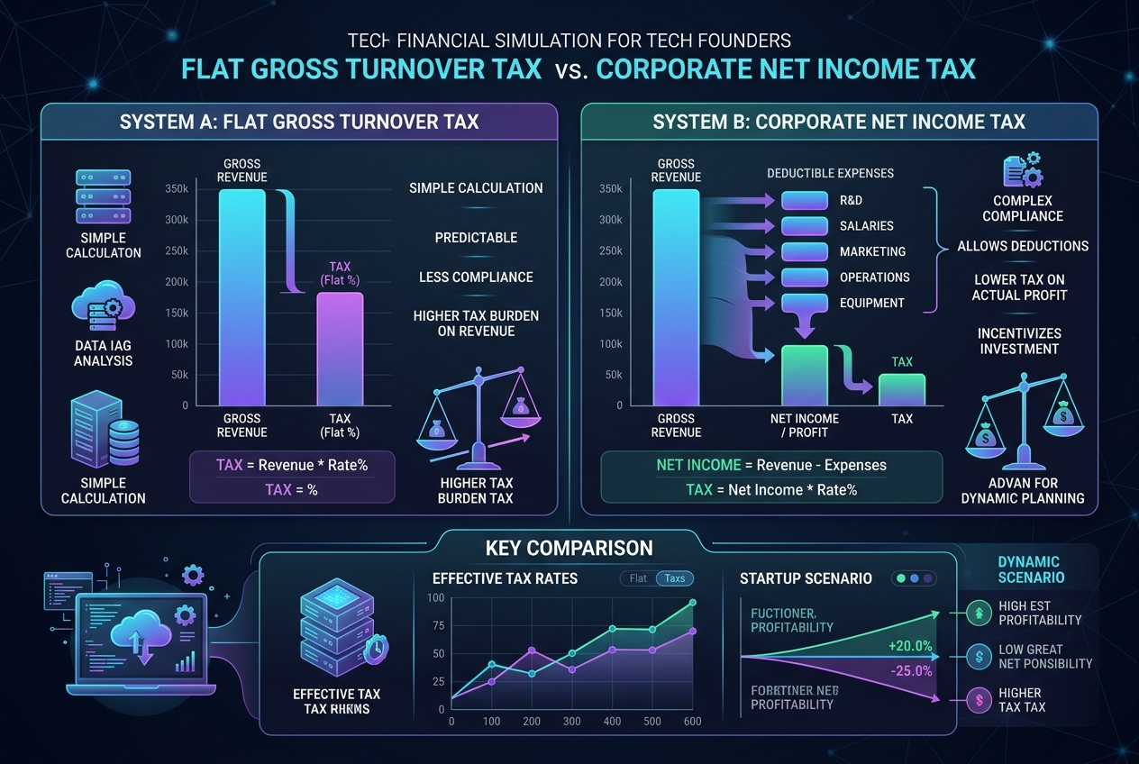 Data visualization diagram illustrating comparative tax liability between flat gross turnover tax and net profit corporate taxation.