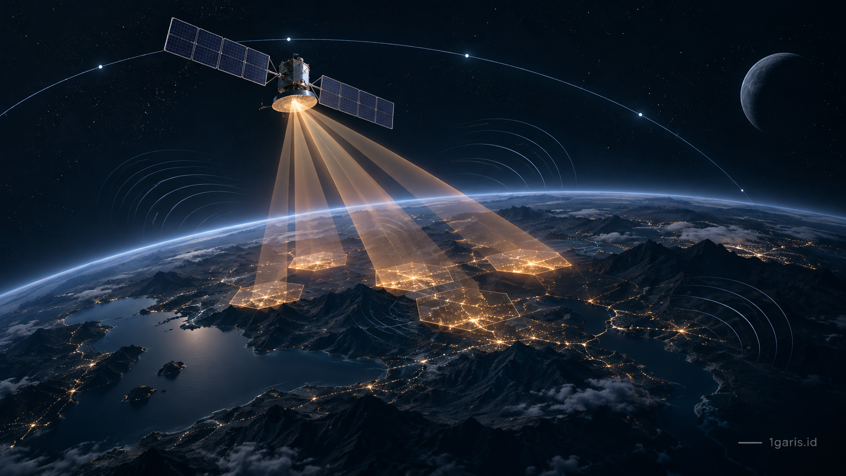 Dark technical editorial illustration of a communication satellite in low Earth orbit casting multiple glowing spot beams onto rolling topography below, showing orbital trajectory and radio frequency coverage.