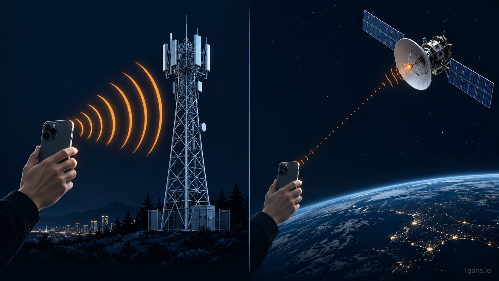 Dark conceptual editorial illustration comparing a nearby terrestrial cellular tower receiving a strong radio wave with a distant orbital satellite capturing a faint uplink from a handheld phone.