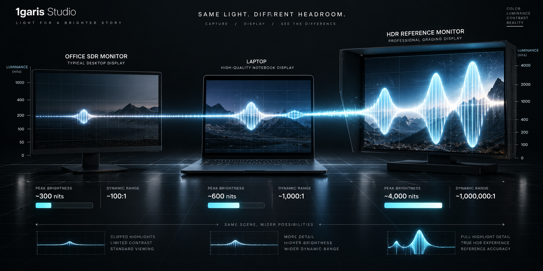Dark technical 3D visualization showing display headroom adaptation: how an image rendered on a 400-nit SDR monitor vs an 800-nit laptop vs a 1600-nit Pro XDR screen uses dynamic logarithmic gain scaling to prevent highlight clipping.