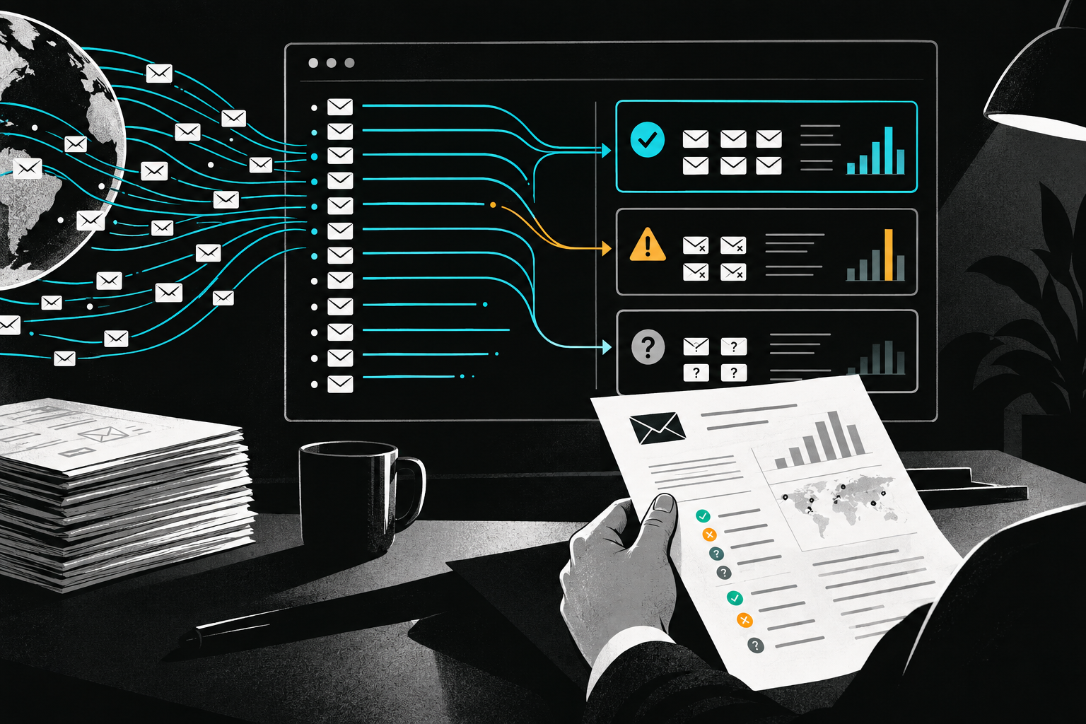 Original illustration of email report data sorted into known, failing, and unknown sender lanes.