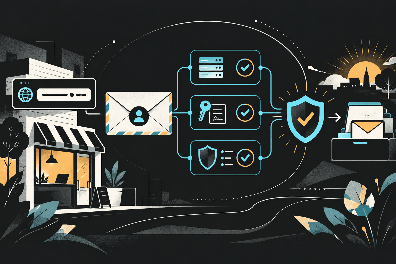 Original illustration of an email domain connected to layered sender verification controls.